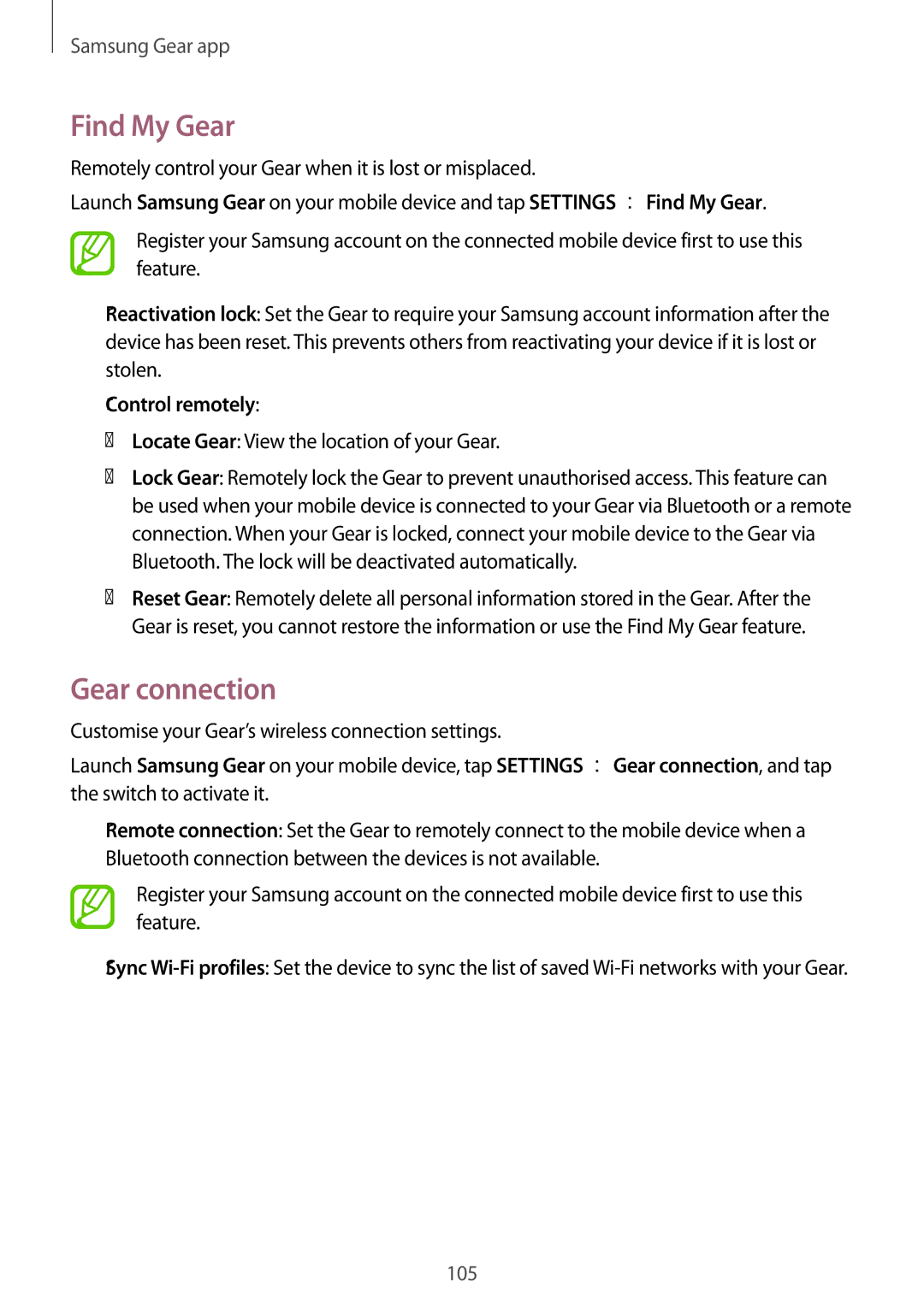 Samsung SM-R600NZBADBT manual Find My Gear, Gear connection, Control remotely, Locate Gear View the location of your Gear 