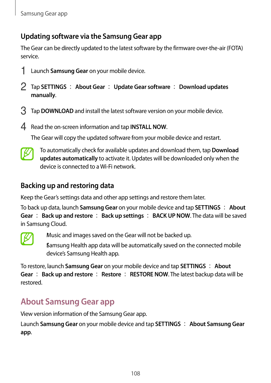 Samsung SM-R600NZKAITV About Samsung Gear app, Updating software via the Samsung Gear app, Backing up and restoring data 