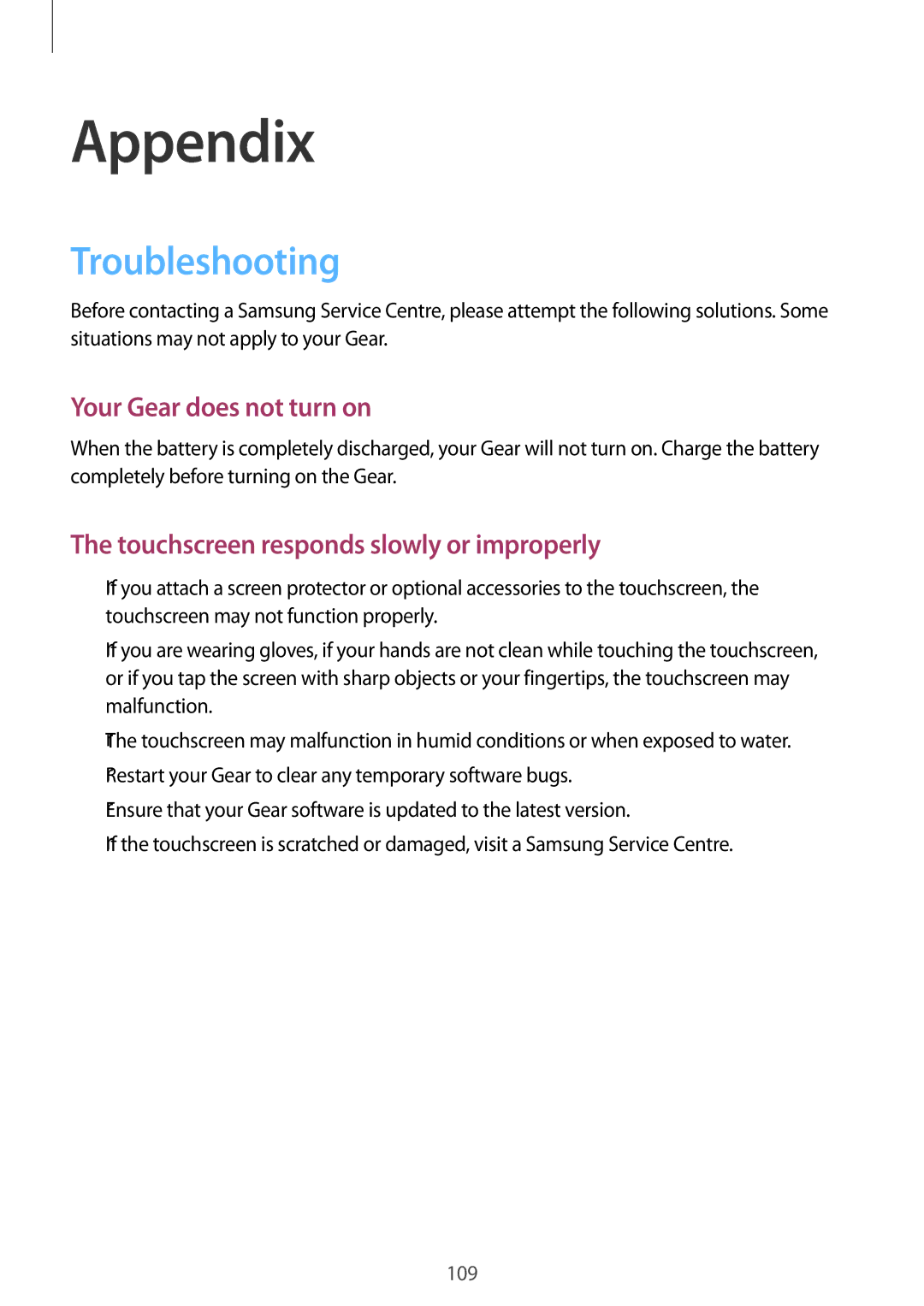 Samsung SM-R600NZBAITV, SM-R600NZKADBT, SM-R600NZBADBT, SM-R600NZBAXEF, SM-R600NZKAXEF manual Appendix, Troubleshooting 