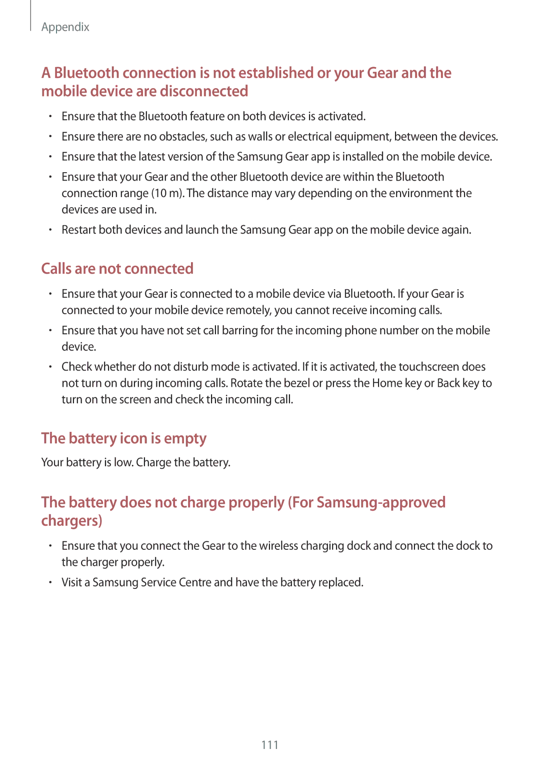 Samsung SM-R600NZKAPHE, SM-R600NZKADBT, SM-R600NZBADBT Calls are not connected, Your battery is low. Charge the battery 