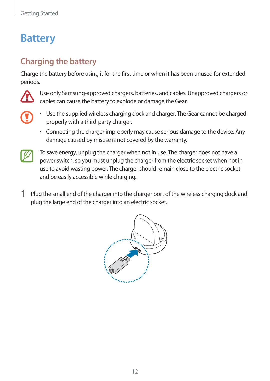 Samsung SM-R600NZKAXEZ, SM-R600NZKADBT, SM-R600NZBADBT, SM-R600NZBAXEF, SM-R600NZKAXEF manual Battery, Charging the battery 