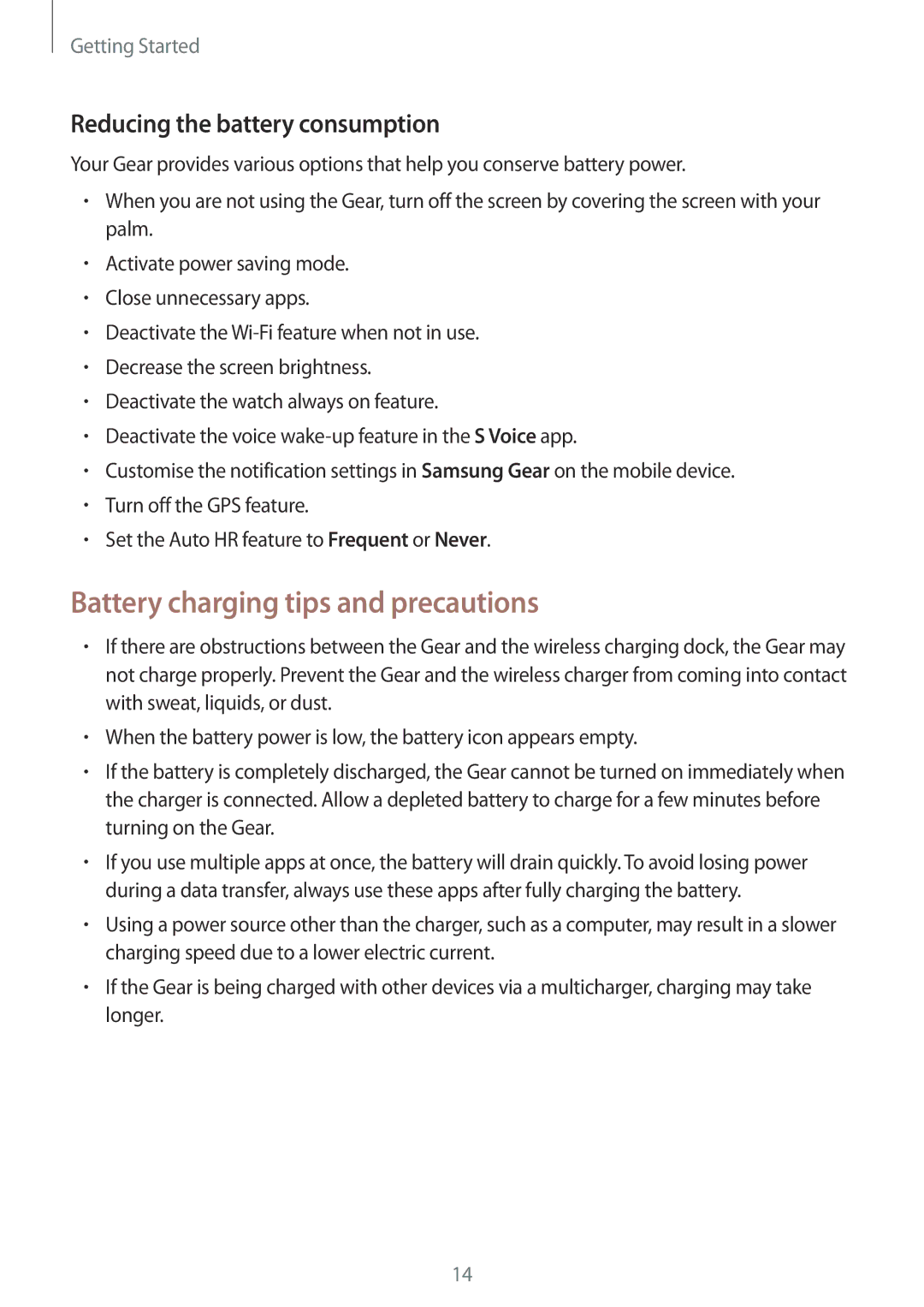 Samsung SM-R600NZKANEE, SM-R600NZKADBT manual Battery charging tips and precautions, Reducing the battery consumption 