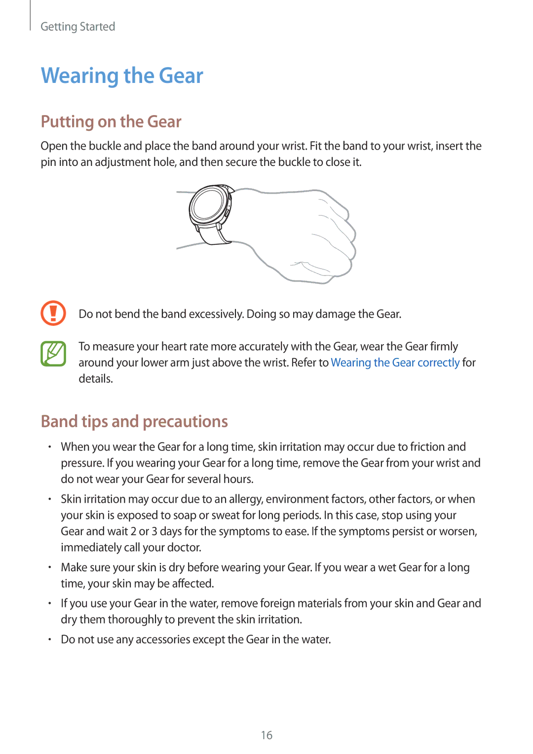 Samsung SM-R600NZKASEB, SM-R600NZKADBT, SM-R600NZBADBT Wearing the Gear, Putting on the Gear, Band tips and precautions 