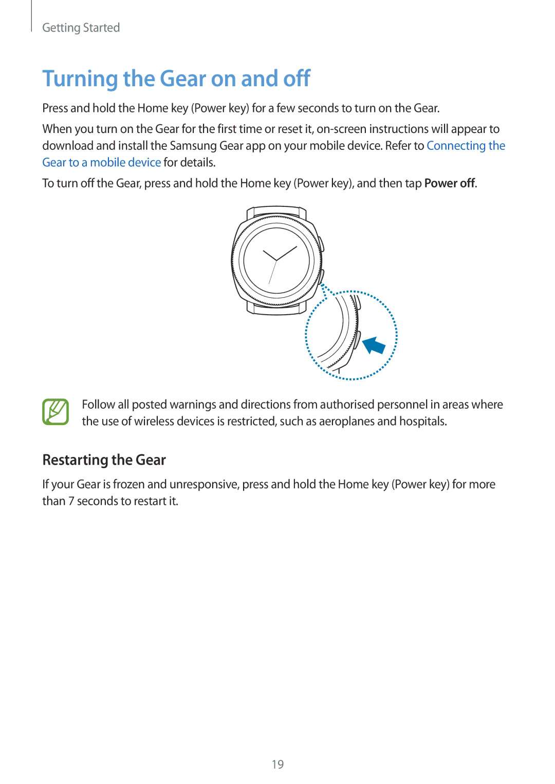 Samsung SM-R600NZBAEUR, SM-R600NZKADBT, SM-R600NZBADBT, SM-R600NZBAXEF manual Turning the Gear on and off, Restarting the Gear 