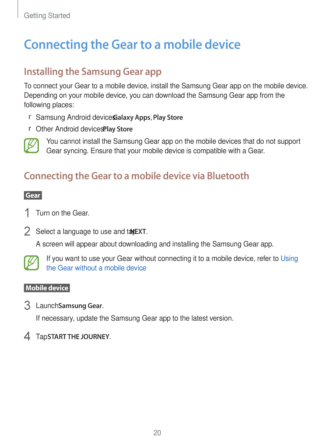 Samsung SM-R600NZBAILO manual Connecting the Gear to a mobile device, Installing the Samsung Gear app, Launch Samsung Gear 