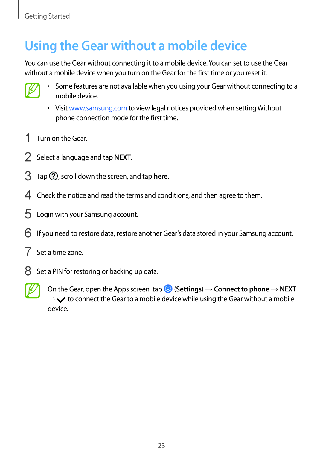 Samsung SM-R600NZBAXEH Using the Gear without a mobile device, Set a time zone Set a PIN for restoring or backing up data 