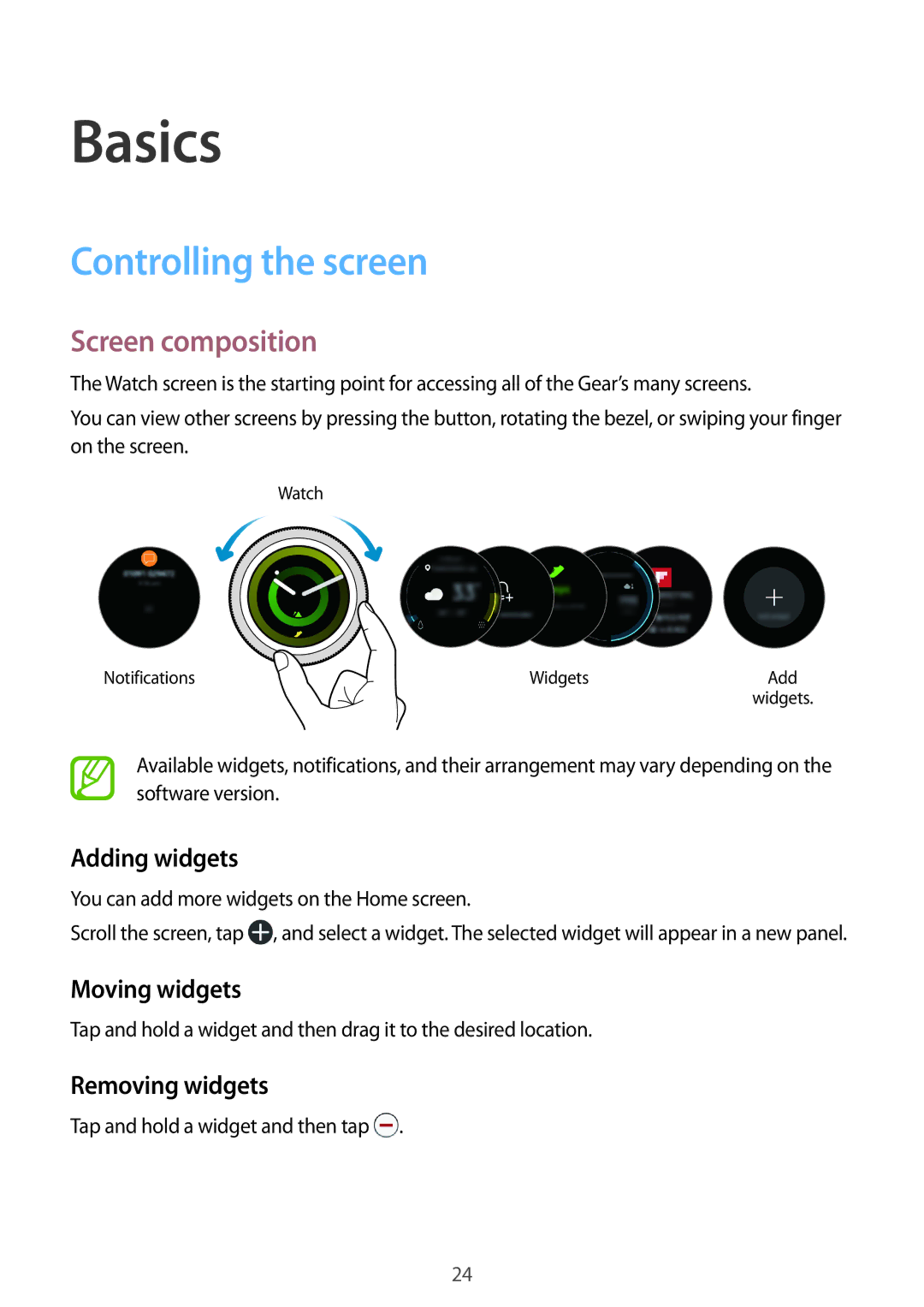 Samsung SM-R600NZKASER manual Controlling the screen, Screen composition, Adding widgets, Moving widgets, Removing widgets 