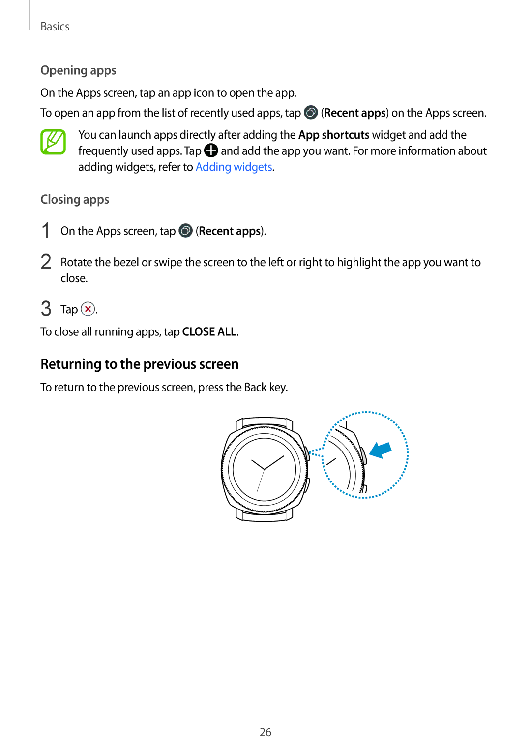 Samsung SM-R600NZKADBT manual Returning to the previous screen, On the Apps screen, tap an app icon to open the app 