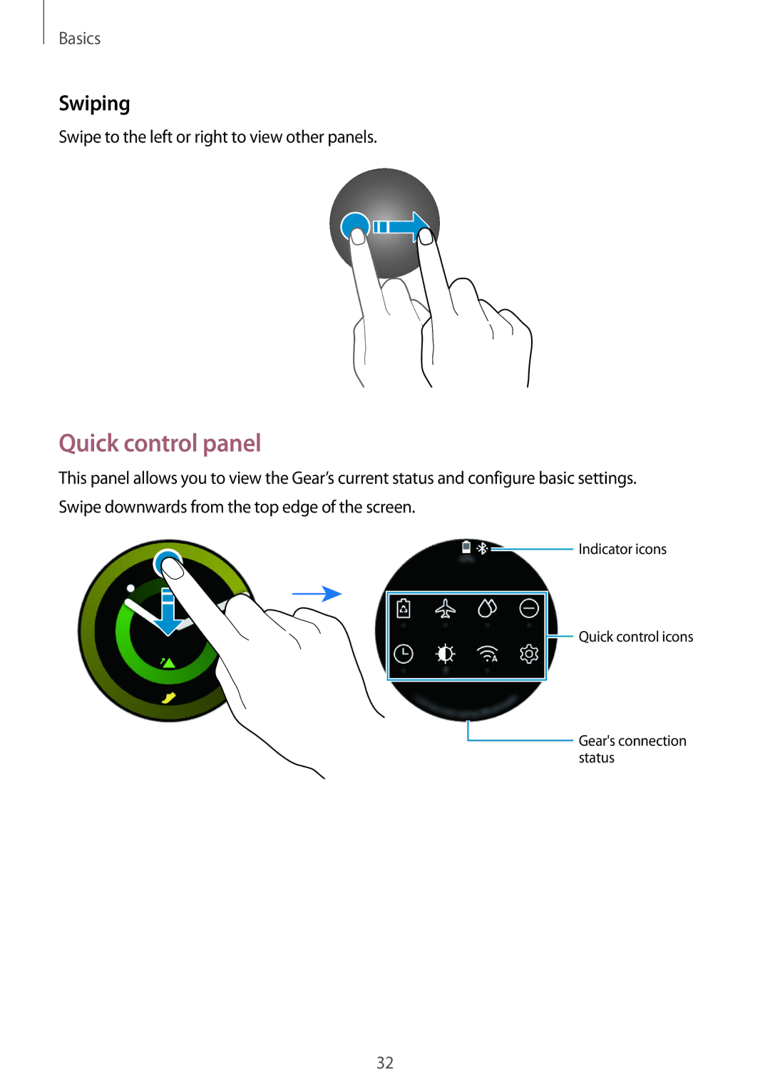 Samsung SM-R600NZBAPHE, SM-R600NZKADBT manual Quick control panel, Swiping, Swipe to the left or right to view other panels 