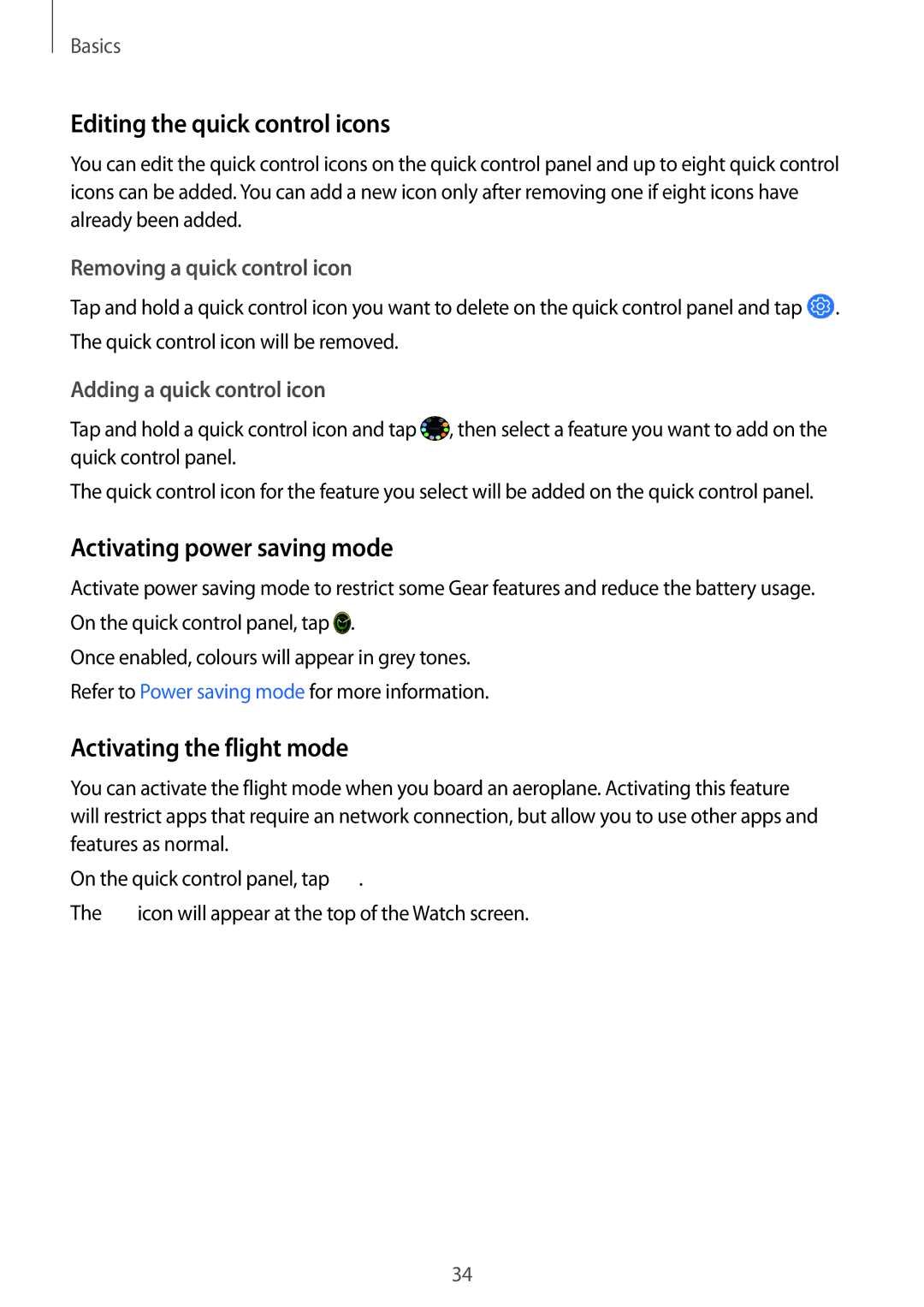 Samsung SM-R600NZBAKSA manual Editing the quick control icons, Activating power saving mode, Activating the flight mode 