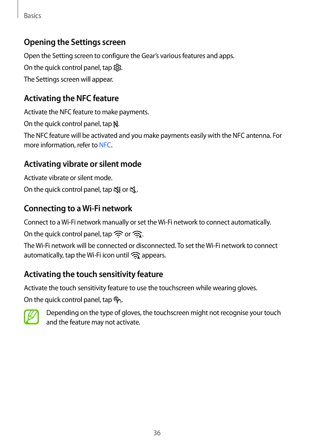 Samsung SM-R600NZKABGL manual Opening the Settings screen, Activating the NFC feature, Activating vibrate or silent mode 