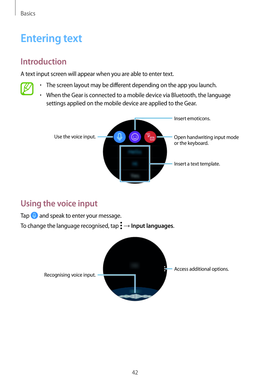 Samsung SM-R600NZKASEB, SM-R600NZKADBT, SM-R600NZBADBT, SM-R600NZBAXEF Entering text, Introduction, Using the voice input 