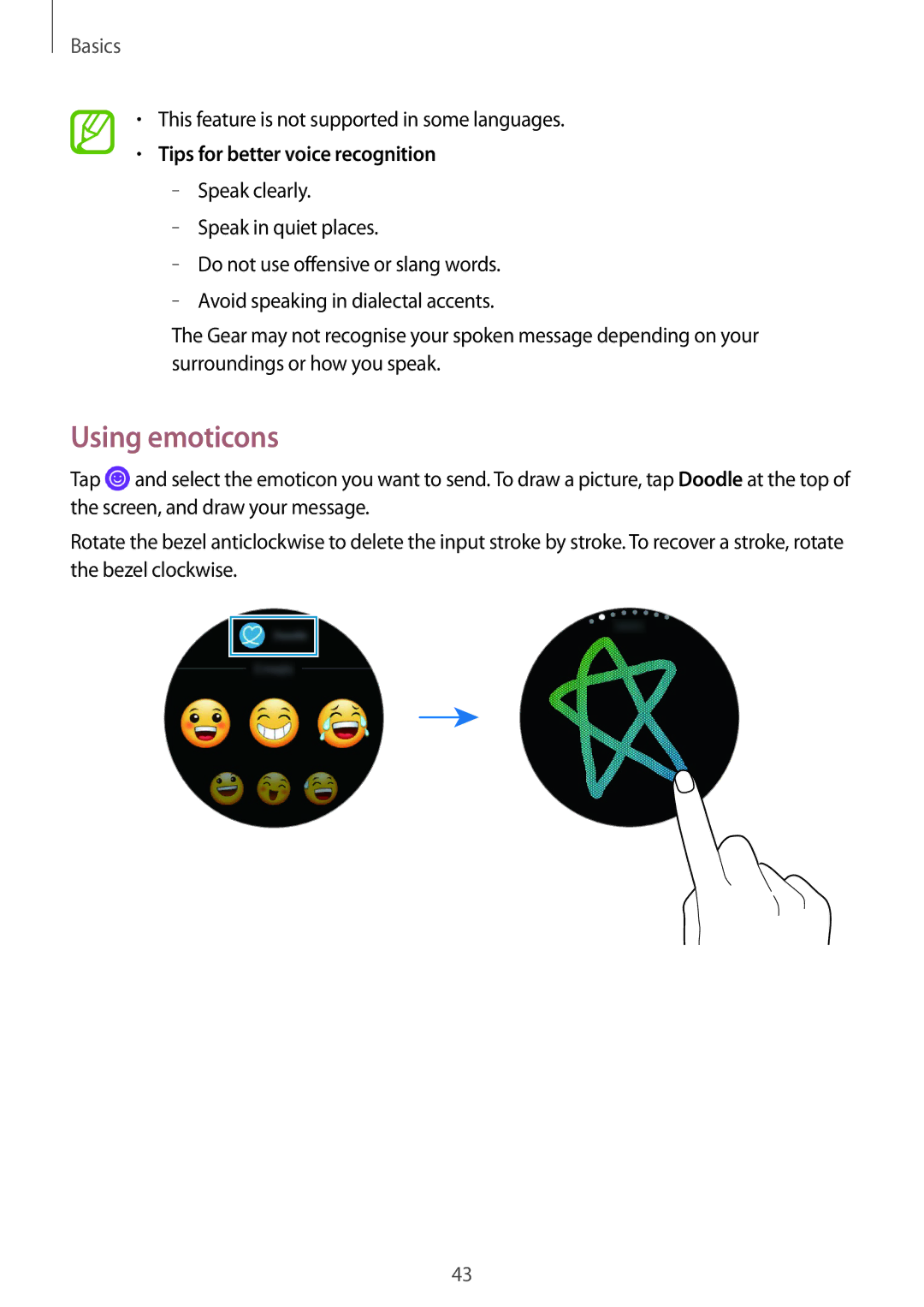 Samsung SM-R600NZBASEB Using emoticons, This feature is not supported in some languages, Tips for better voice recognition 