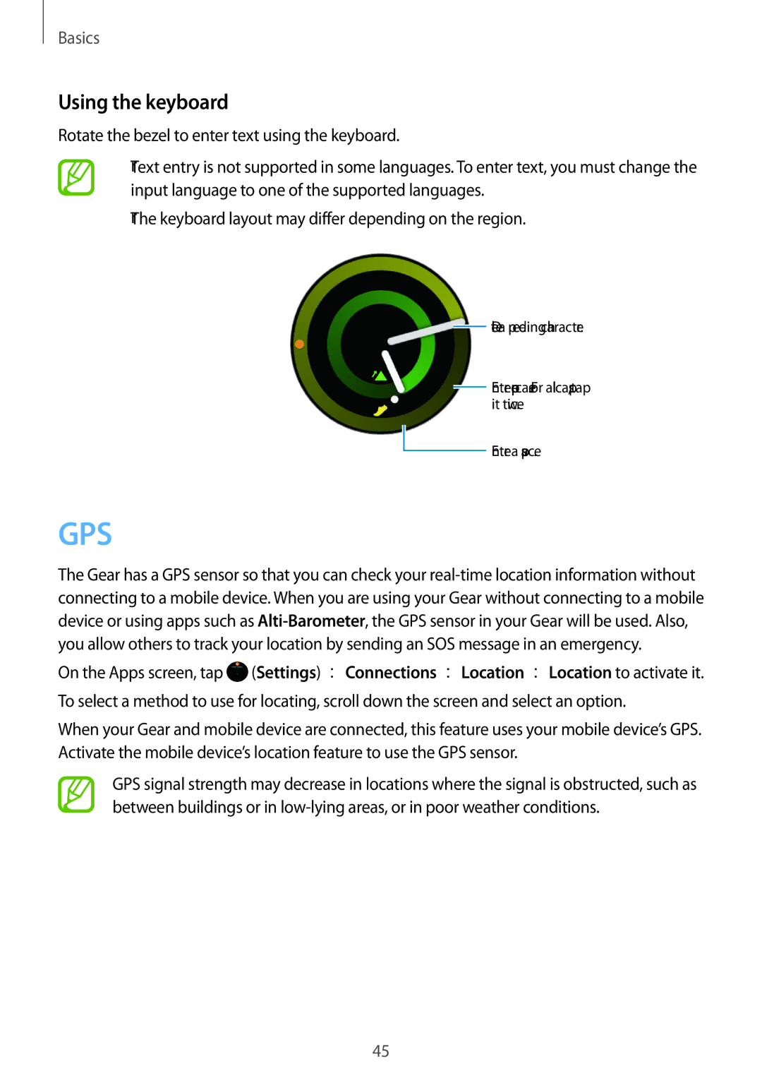 Samsung SM-R600NZBAEUR, SM-R600NZKADBT, SM-R600NZBADBT, SM-R600NZBAXEF, SM-R600NZKAXEF, SM-R600NZKAITV Gps, Using the keyboard 