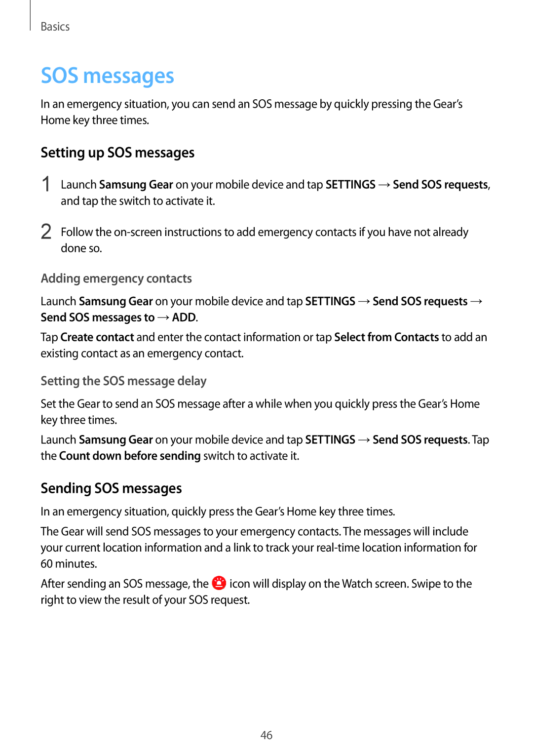 Samsung SM-R600NZBAILO, SM-R600NZKADBT, SM-R600NZBADBT, SM-R600NZBAXEF Setting up SOS messages, Sending SOS messages 