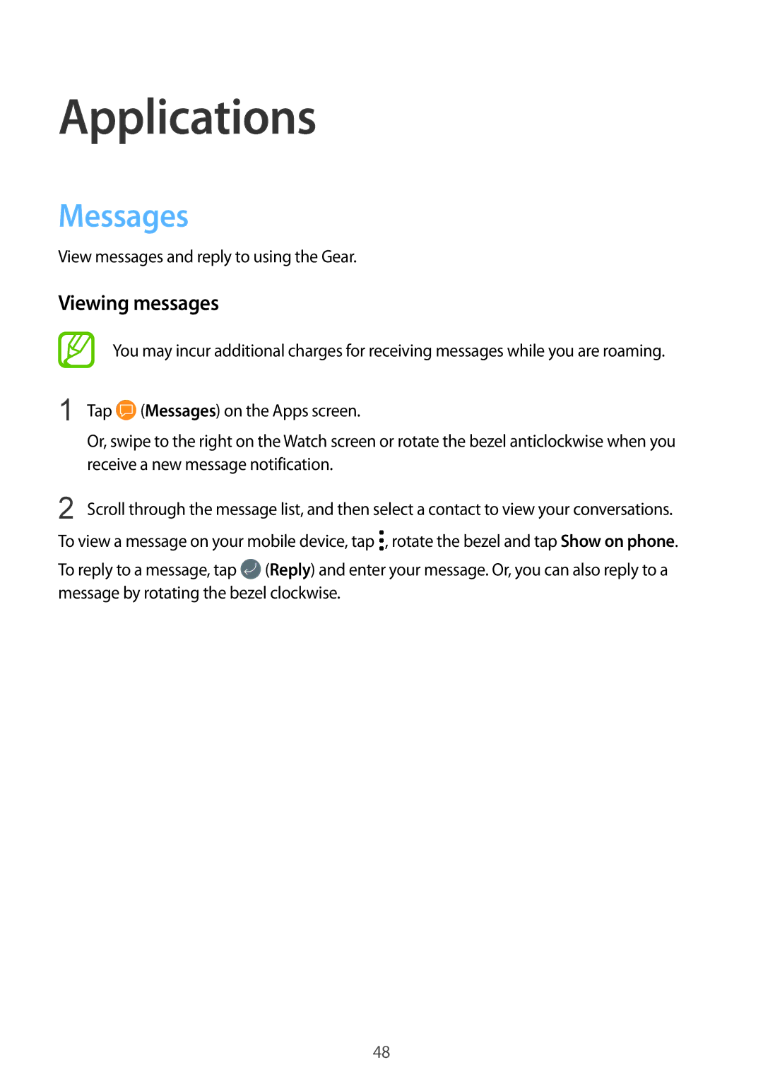 Samsung SM-R600NZKAXEH, SM-R600NZKADBT manual Messages, Viewing messages, View messages and reply to using the Gear 