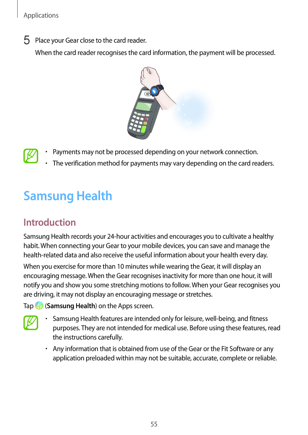 Samsung SM-R600NZKAXEF, SM-R600NZKADBT, SM-R600NZBADBT manual Samsung Health, Place your Gear close to the card reader 