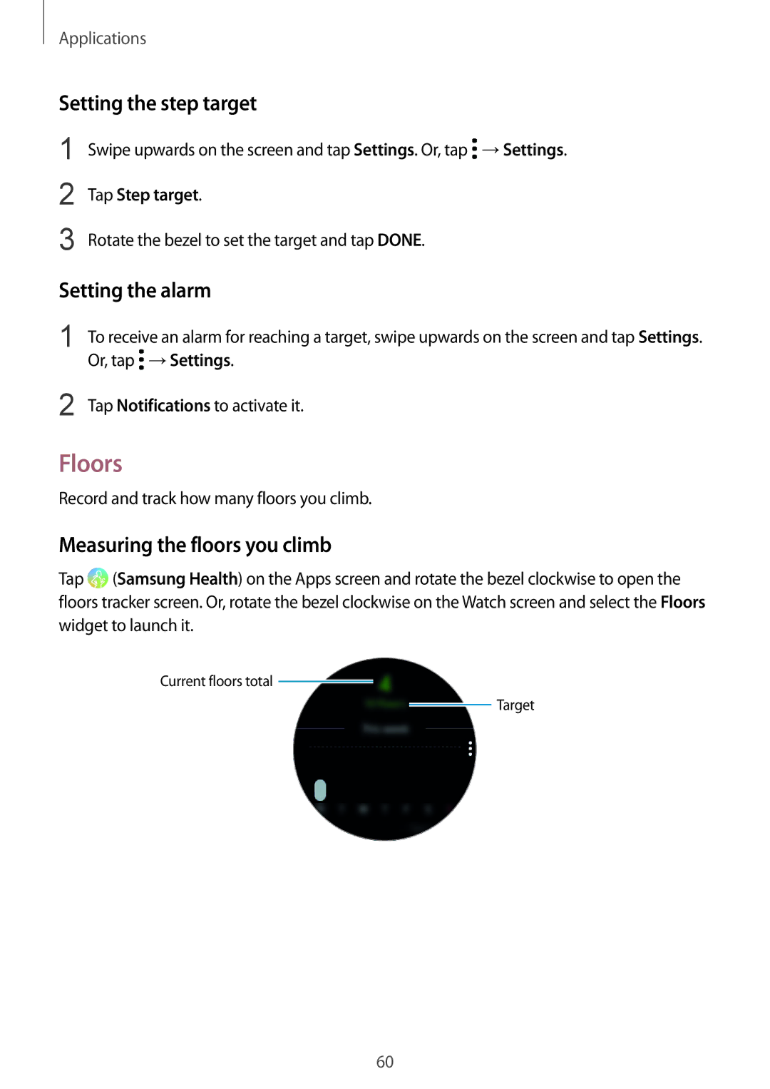 Samsung SM-R600NZBAKSA Floors, Setting the step target, Setting the alarm, Measuring the floors you climb, Tap Step target 