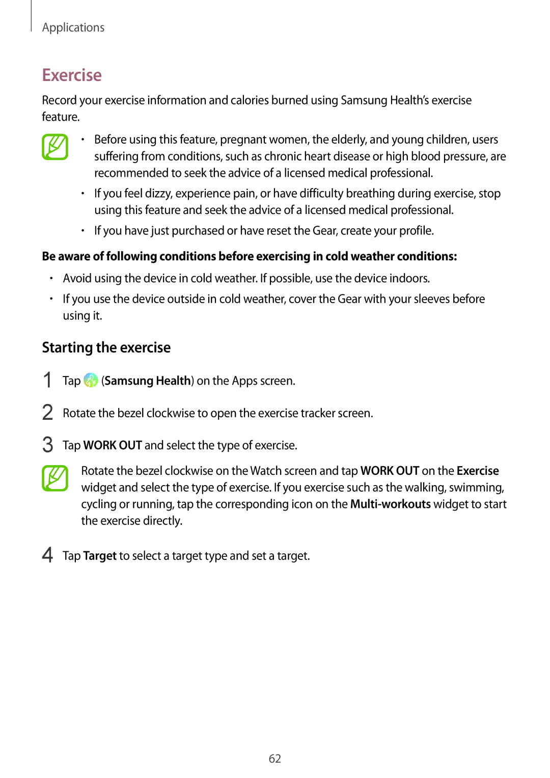 Samsung SM-R600NZKABGL, SM-R600NZKADBT, SM-R600NZBADBT, SM-R600NZBAXEF, SM-R600NZKAXEF manual Exercise, Starting the exercise 