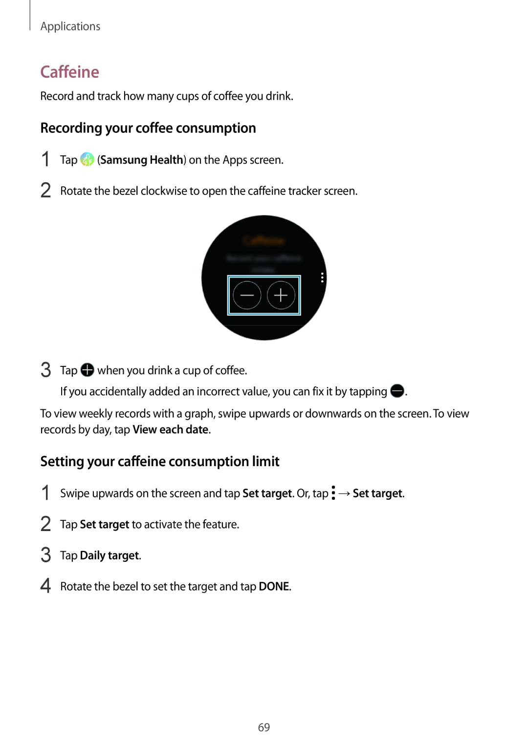 Samsung SM-R600NZBASEB manual Caffeine, Recording your coffee consumption, Setting your caffeine consumption limit 