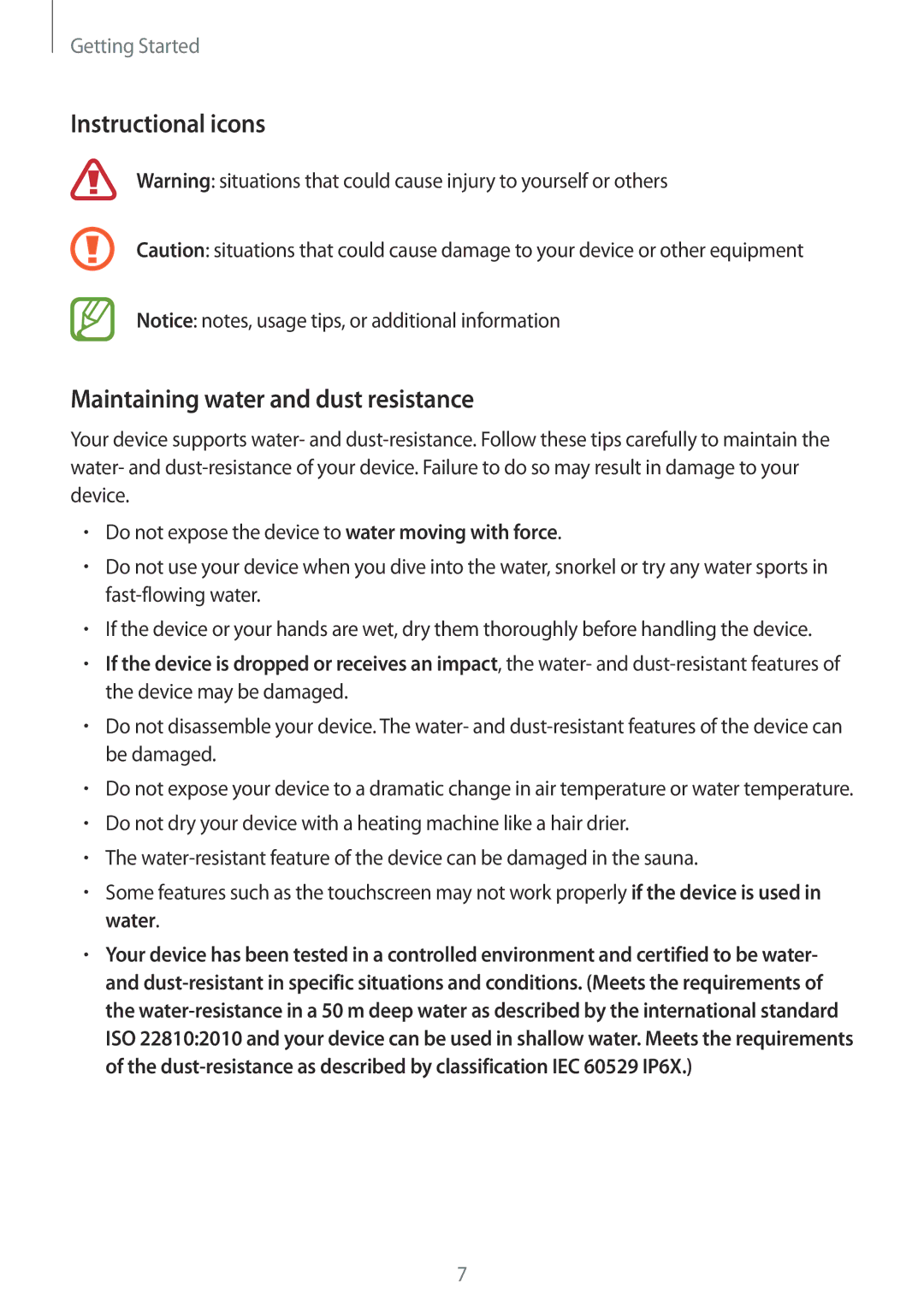 Samsung SM-R600NZKAPHE, SM-R600NZKADBT, SM-R600NZBADBT manual Instructional icons Maintaining water and dust resistance 