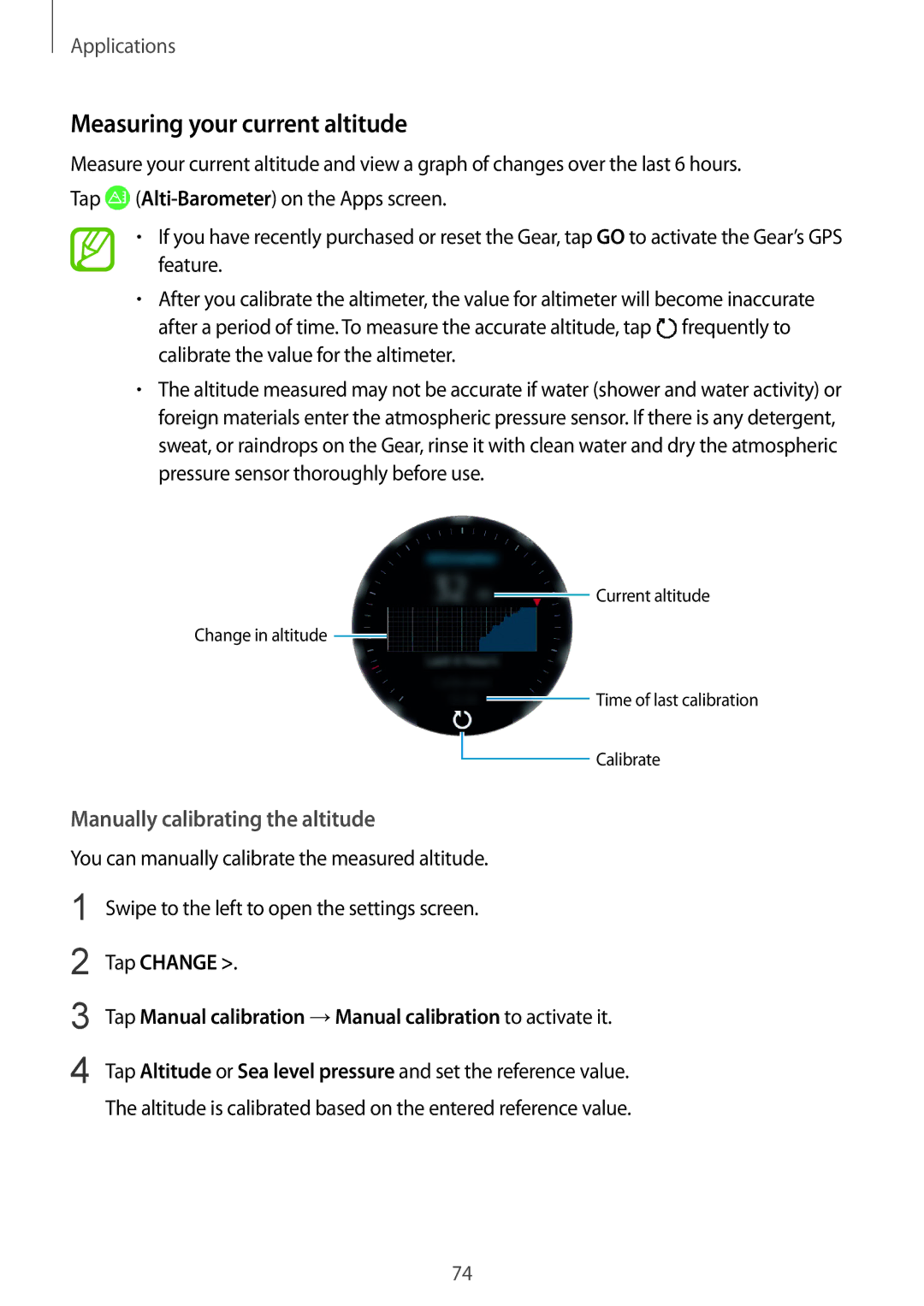 Samsung SM-R600NZKAXEH, SM-R600NZKADBT, SM-R600NZBADBT Measuring your current altitude, Manually calibrating the altitude 