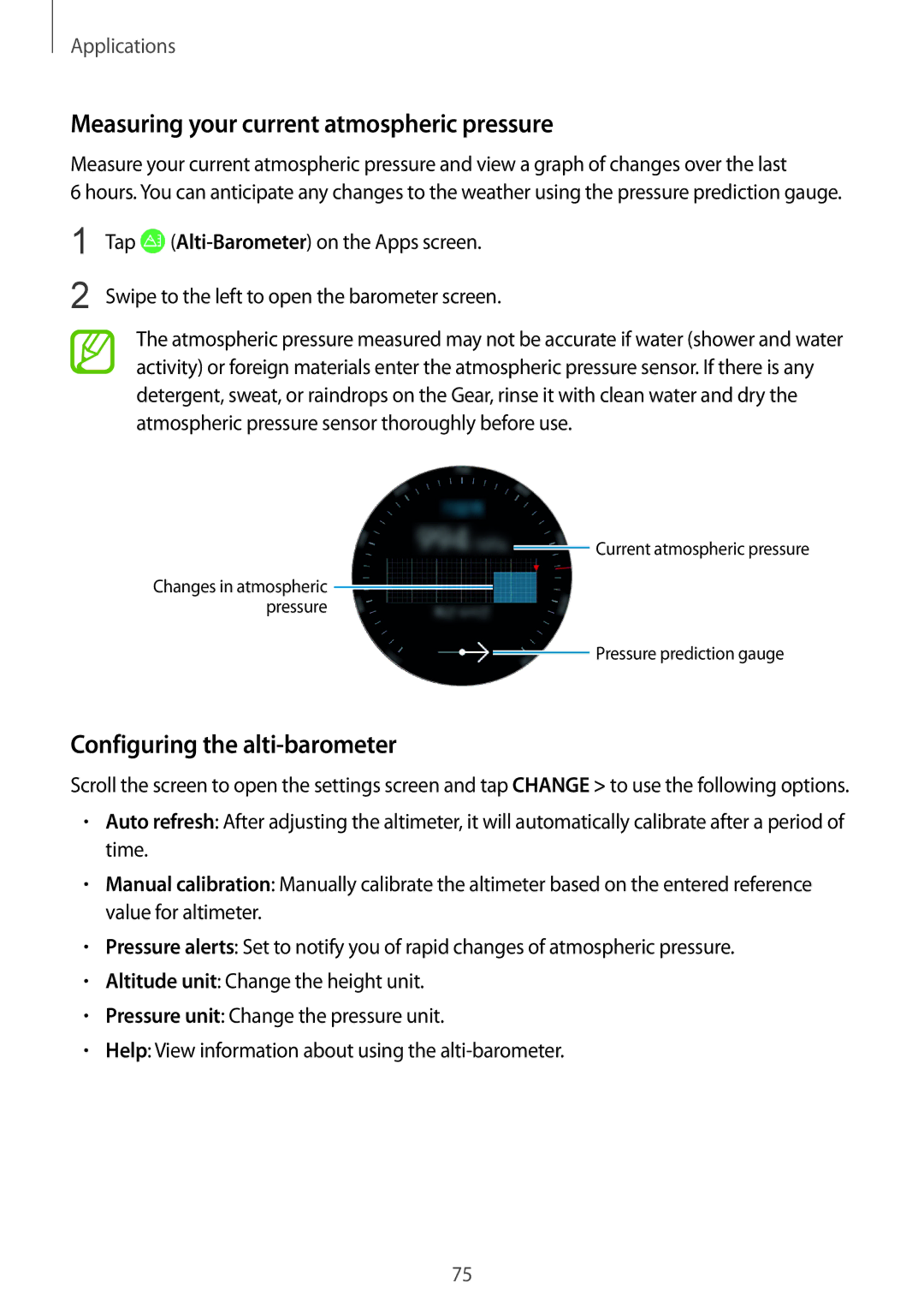 Samsung SM-R600NZBAXEH, SM-R600NZKADBT manual Measuring your current atmospheric pressure, Configuring the alti-barometer 