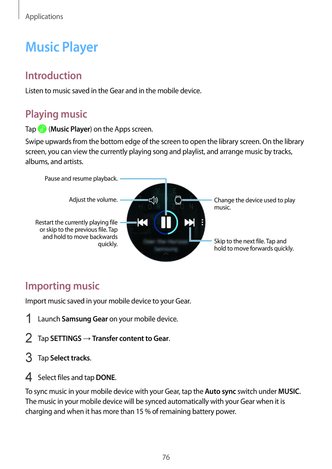 Samsung SM-R600NZKASER, SM-R600NZKADBT, SM-R600NZBADBT manual Music Player, Playing music, Importing music, Tap Select tracks 