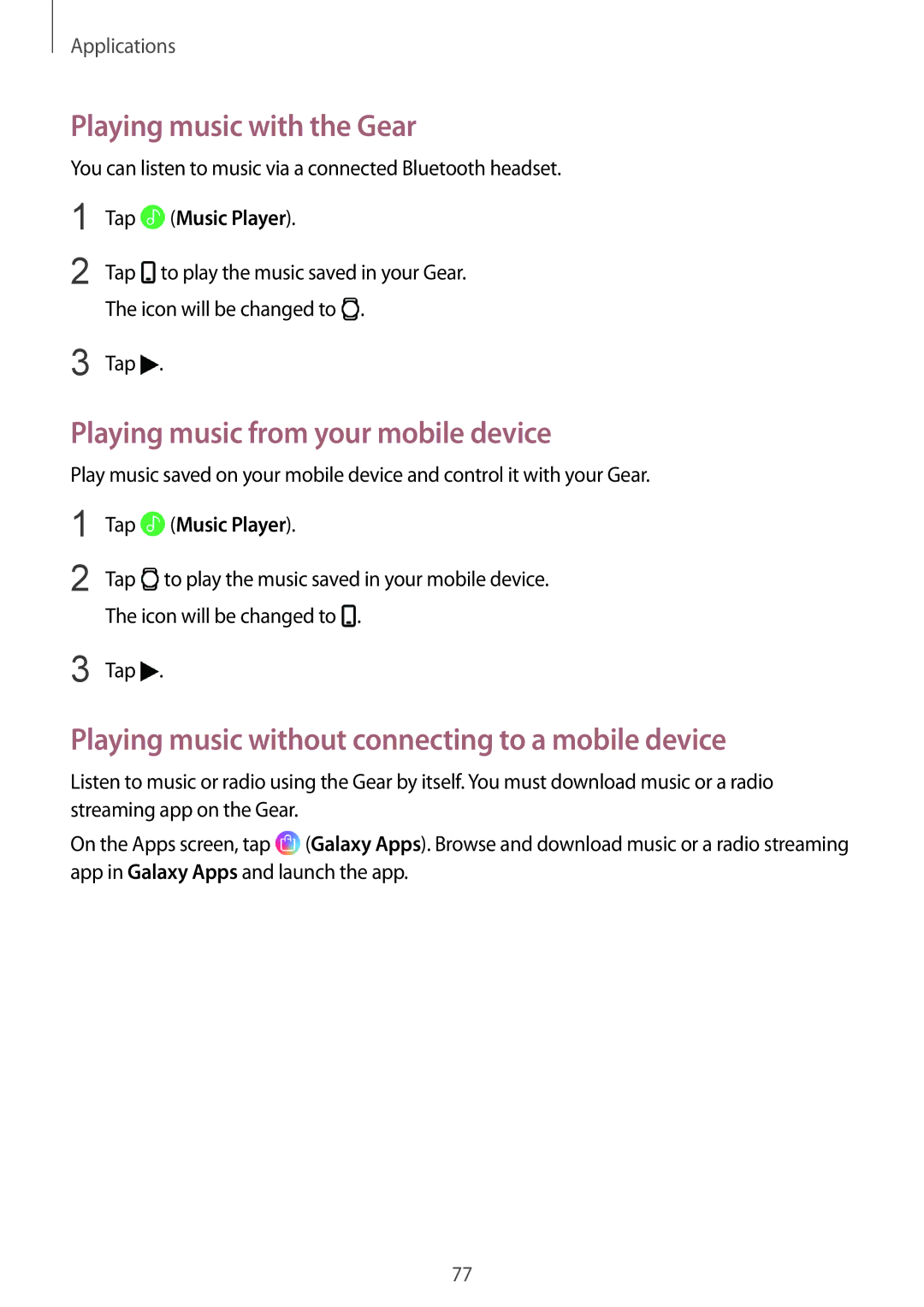 Samsung SM-R600NZBASER manual Playing music with the Gear, Playing music from your mobile device, Tap Music Player 