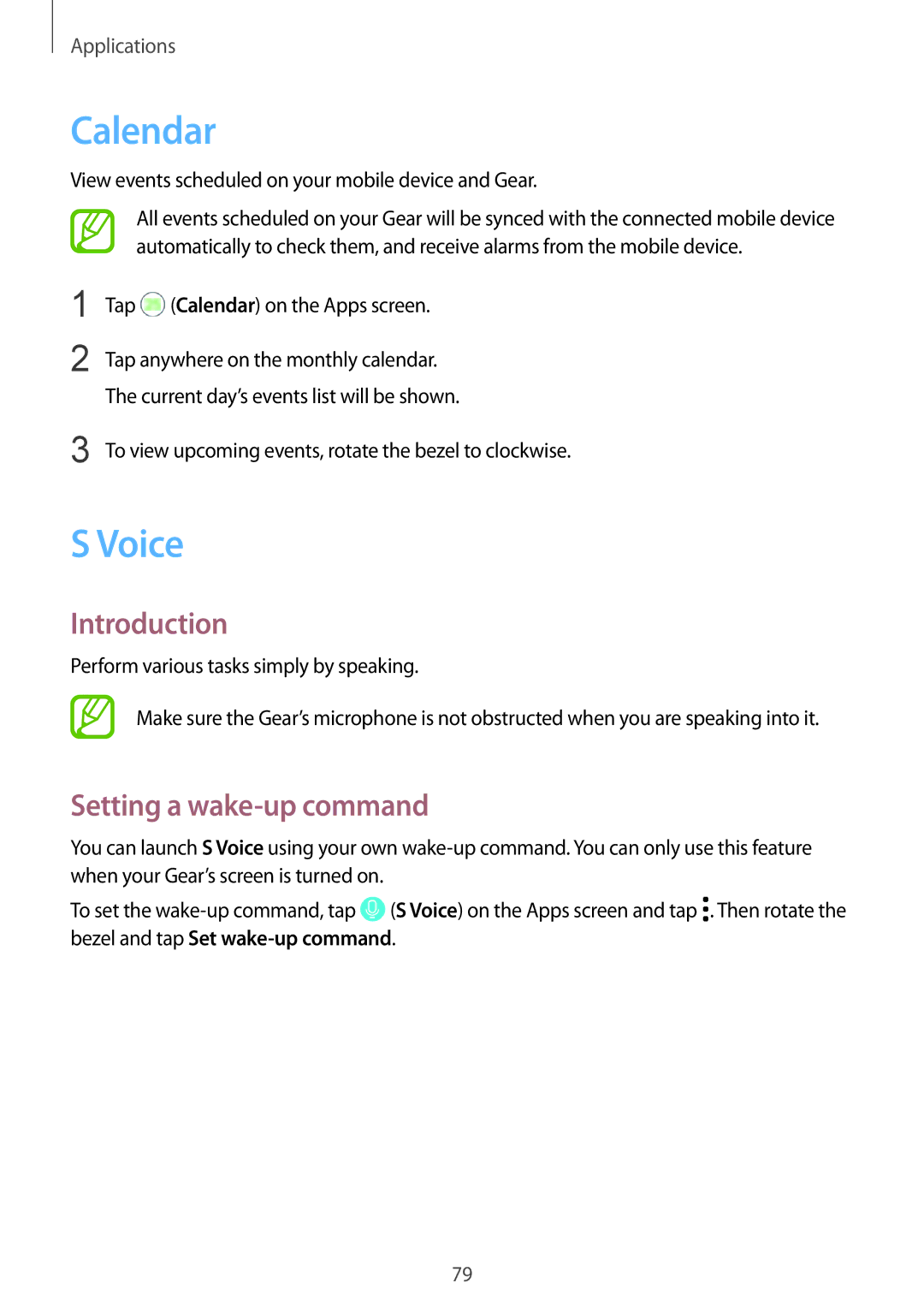 Samsung SM-R600NZBADBT Calendar, Voice, Setting a wake-up command, View events scheduled on your mobile device and Gear 