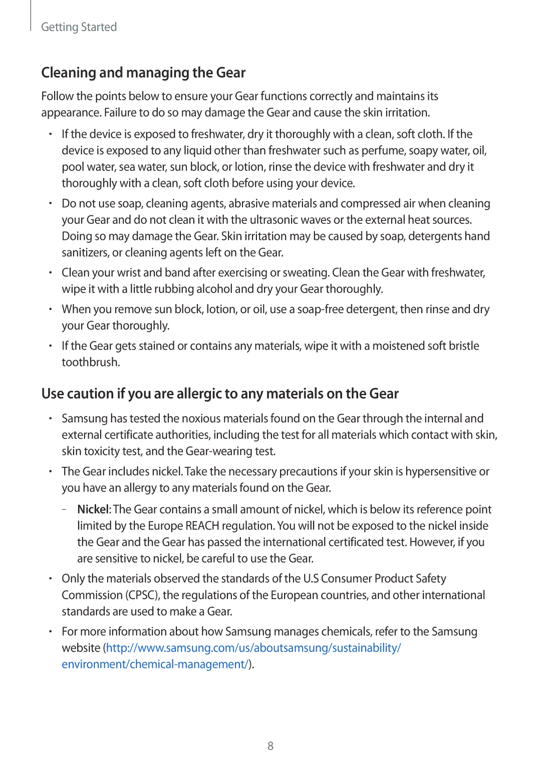 Samsung SM-R600NZBAKSA manual Cleaning and managing the Gear, Use caution if you are allergic to any materials on the Gear 