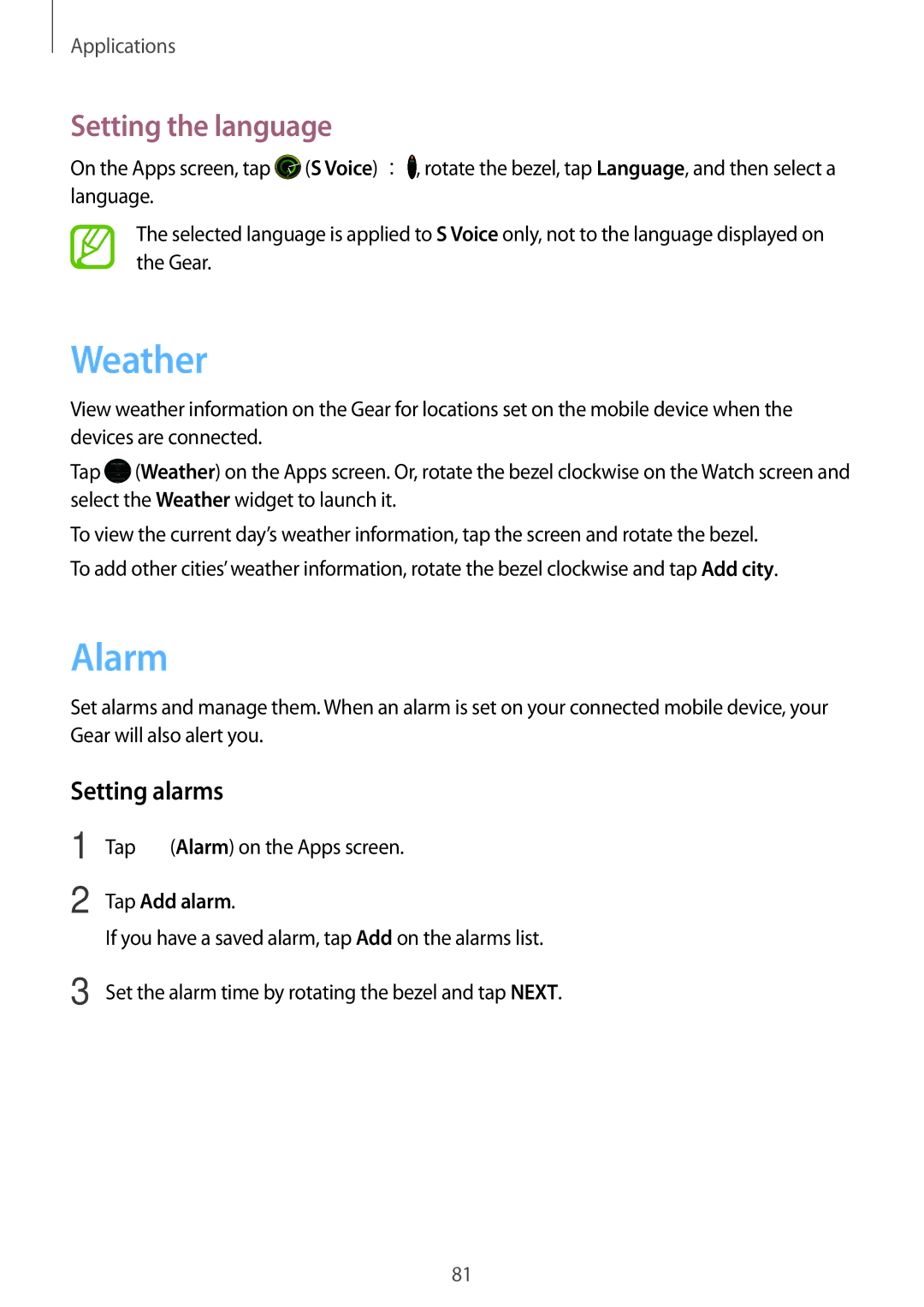 Samsung SM-R600NZKAXEF, SM-R600NZKADBT, SM-R600NZBADBT Weather, Alarm, Setting the language, Setting alarms, Tap Add alarm 