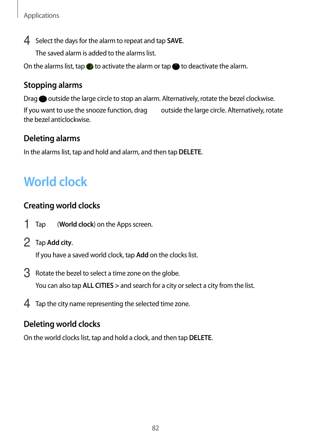 Samsung SM-R600NZKAITV manual World clock, Stopping alarms, Deleting alarms, Creating world clocks, Deleting world clocks 