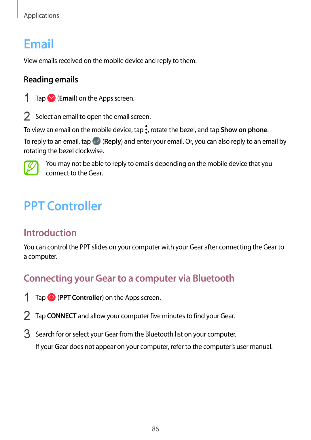 Samsung SM-R600NZBAKSA, SM-R600NZKADBT PPT Controller, Connecting your Gear to a computer via Bluetooth, Reading emails 