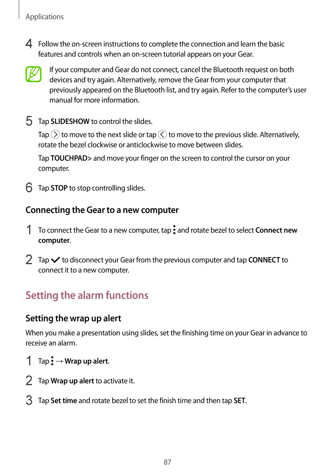 Samsung SM-R600NZKAKSA manual Setting the alarm functions, Connecting the Gear to a new computer, Setting the wrap up alert 