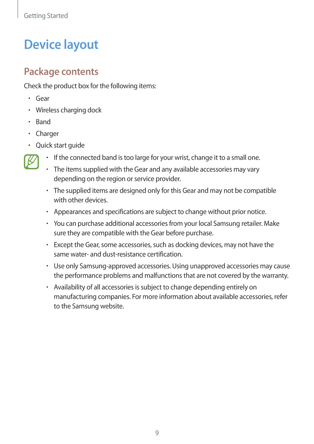 Samsung SM-R600NZKAKSA, SM-R600NZKADBT, SM-R600NZBADBT, SM-R600NZBAXEF, SM-R600NZKAXEF manual Device layout, Package contents 