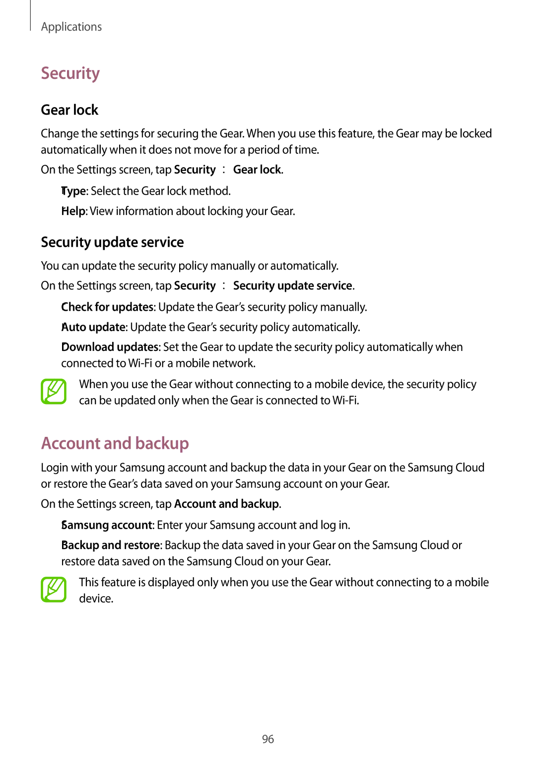 Samsung SM-R600NZKAEUR, SM-R600NZKADBT, SM-R600NZBADBT manual Account and backup, Gear lock, Security update service 