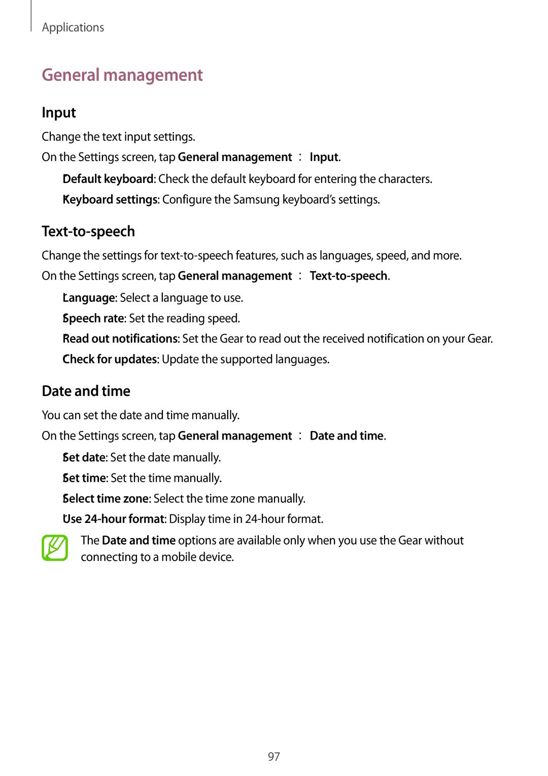 Samsung SM-R600NZBAEUR, SM-R600NZKADBT, SM-R600NZBADBT manual General management, Input, Text-to-speech, Date and time 