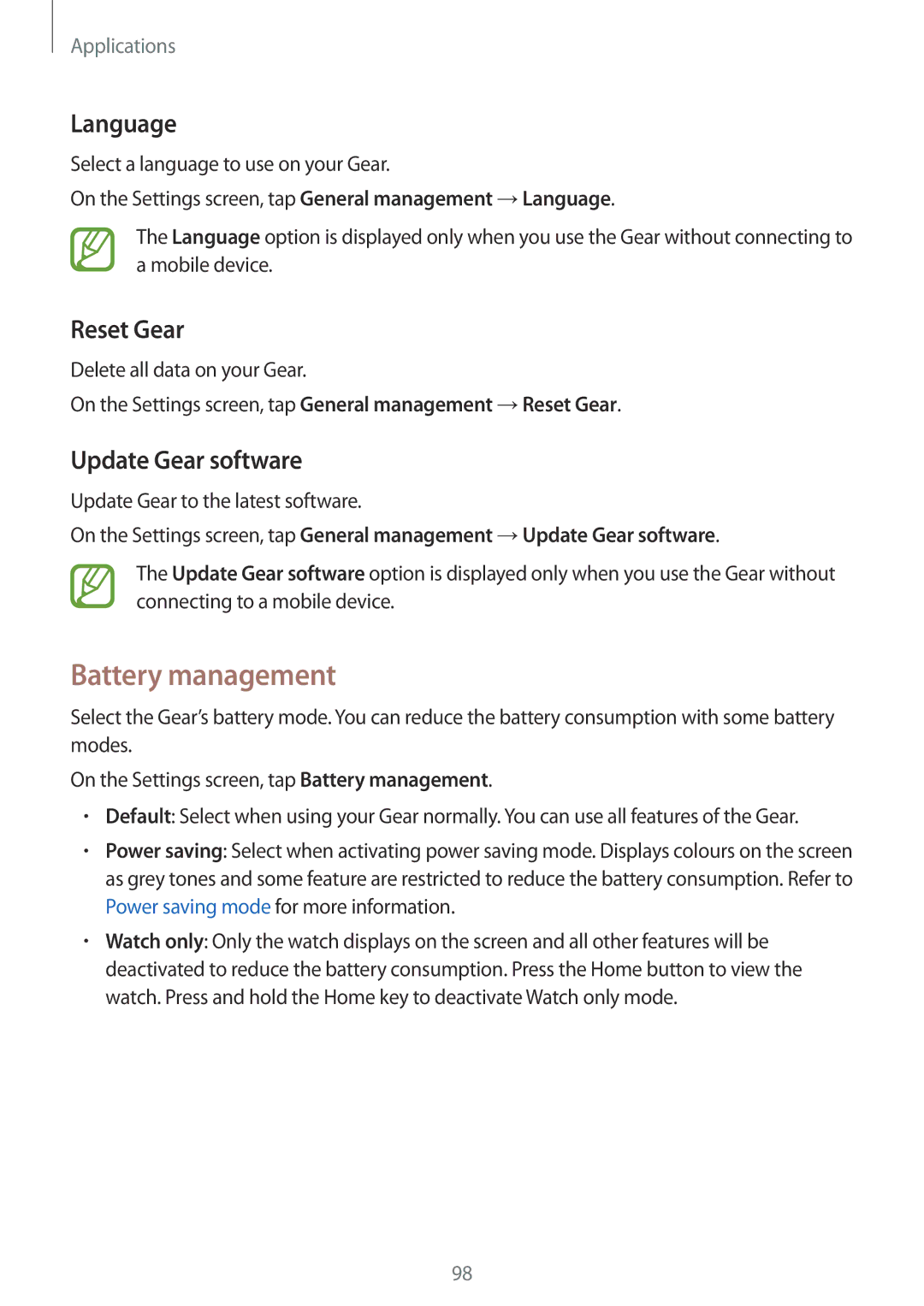 Samsung SM-R600NZBAILO Battery management, Language, Reset Gear, Update Gear software, Update Gear to the latest software 