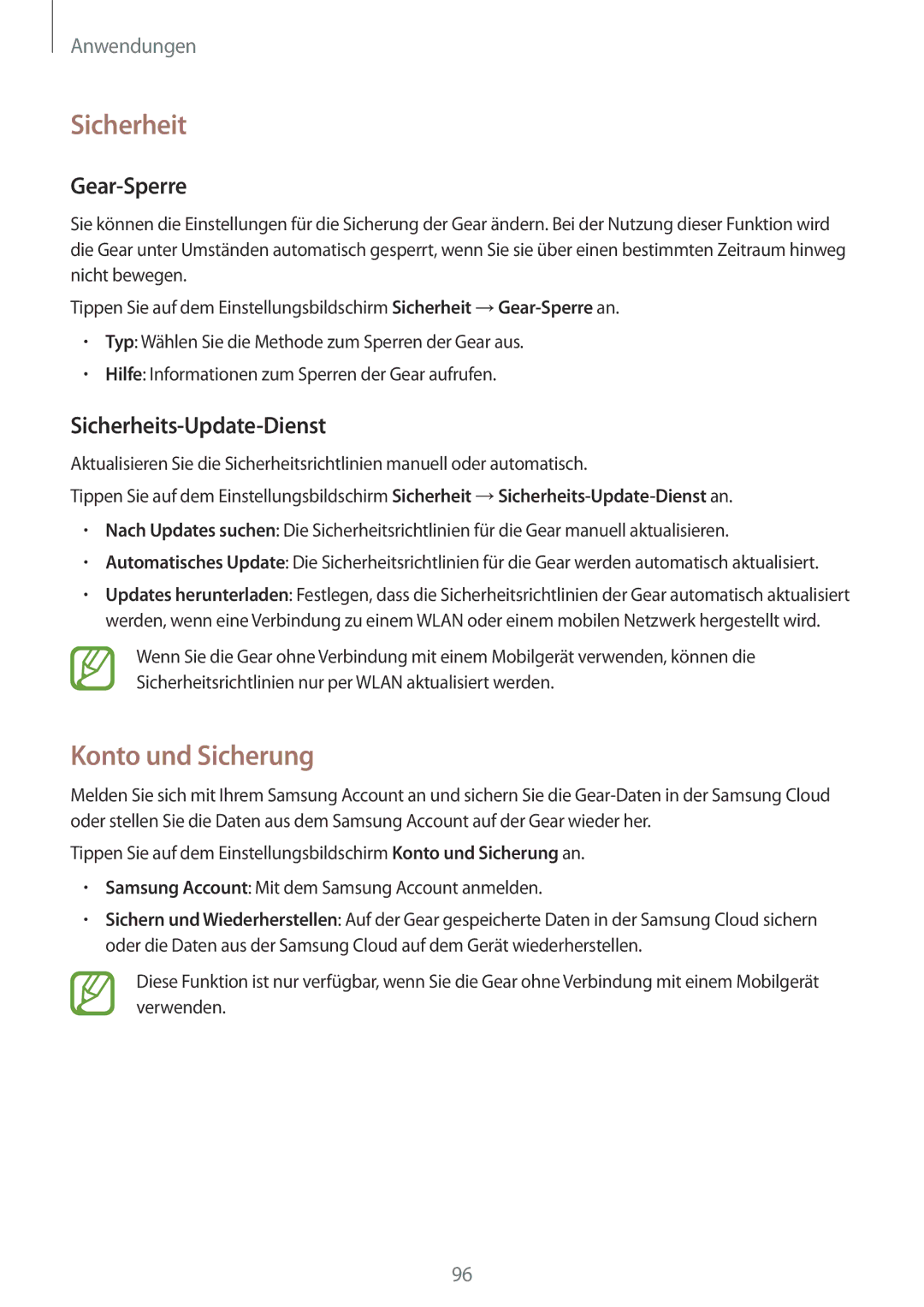 Samsung SM-R600NZKADBT, SM-R600NZBADBT manual Konto und Sicherung, Gear-Sperre, Sicherheits-Update-Dienst 