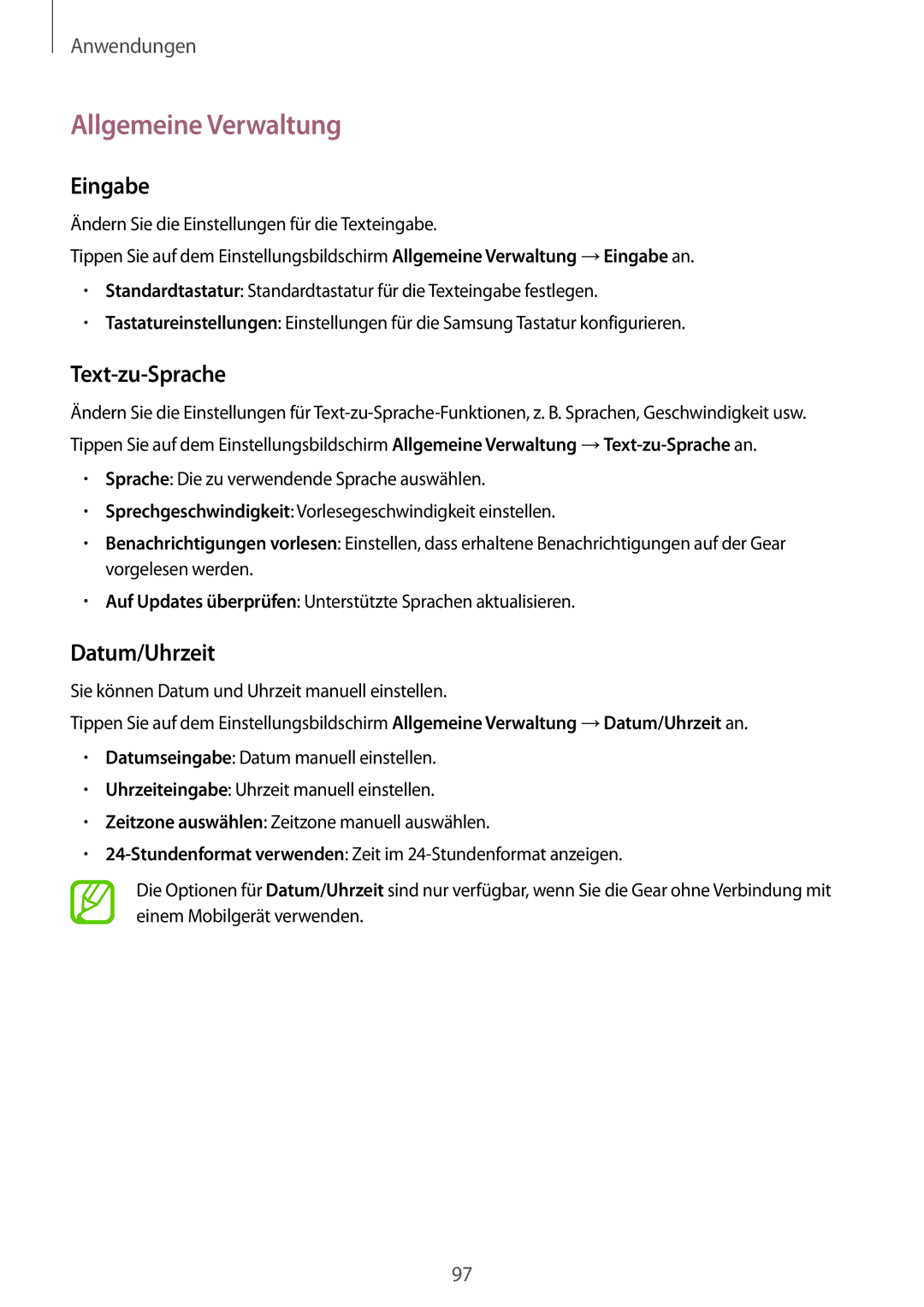 Samsung SM-R600NZBADBT, SM-R600NZKADBT manual Allgemeine Verwaltung, Eingabe, Text-zu-Sprache, Datum/Uhrzeit 