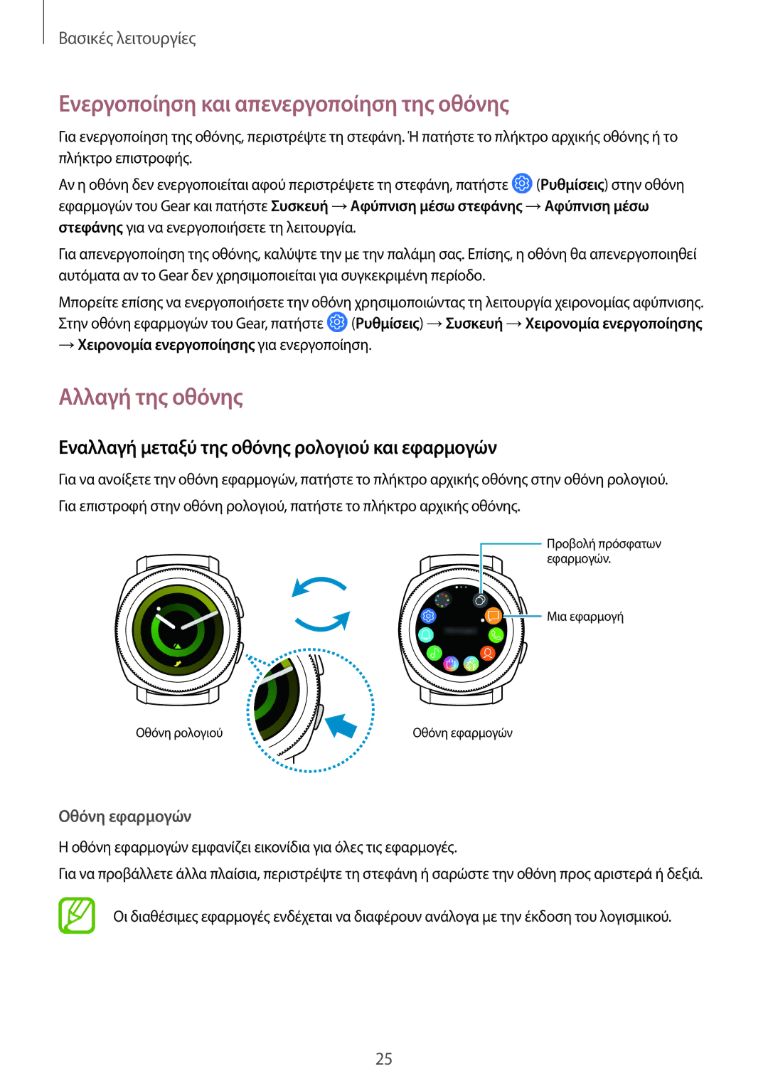 Samsung SM-R600NZBAEUR, SM-R600NZKAEUR manual Ενεργοποίηση και απενεργοποίηση της οθόνης, Αλλαγή της οθόνης 