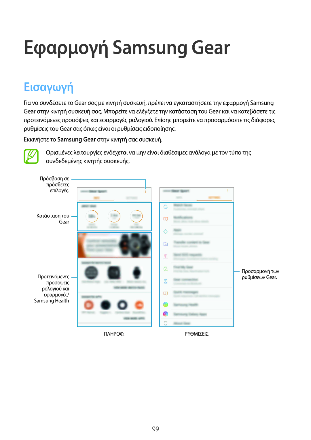 Samsung SM-R600NZBAEUR, SM-R600NZKAEUR manual Εφαρμογή Samsung Gear, Εισαγωγή 