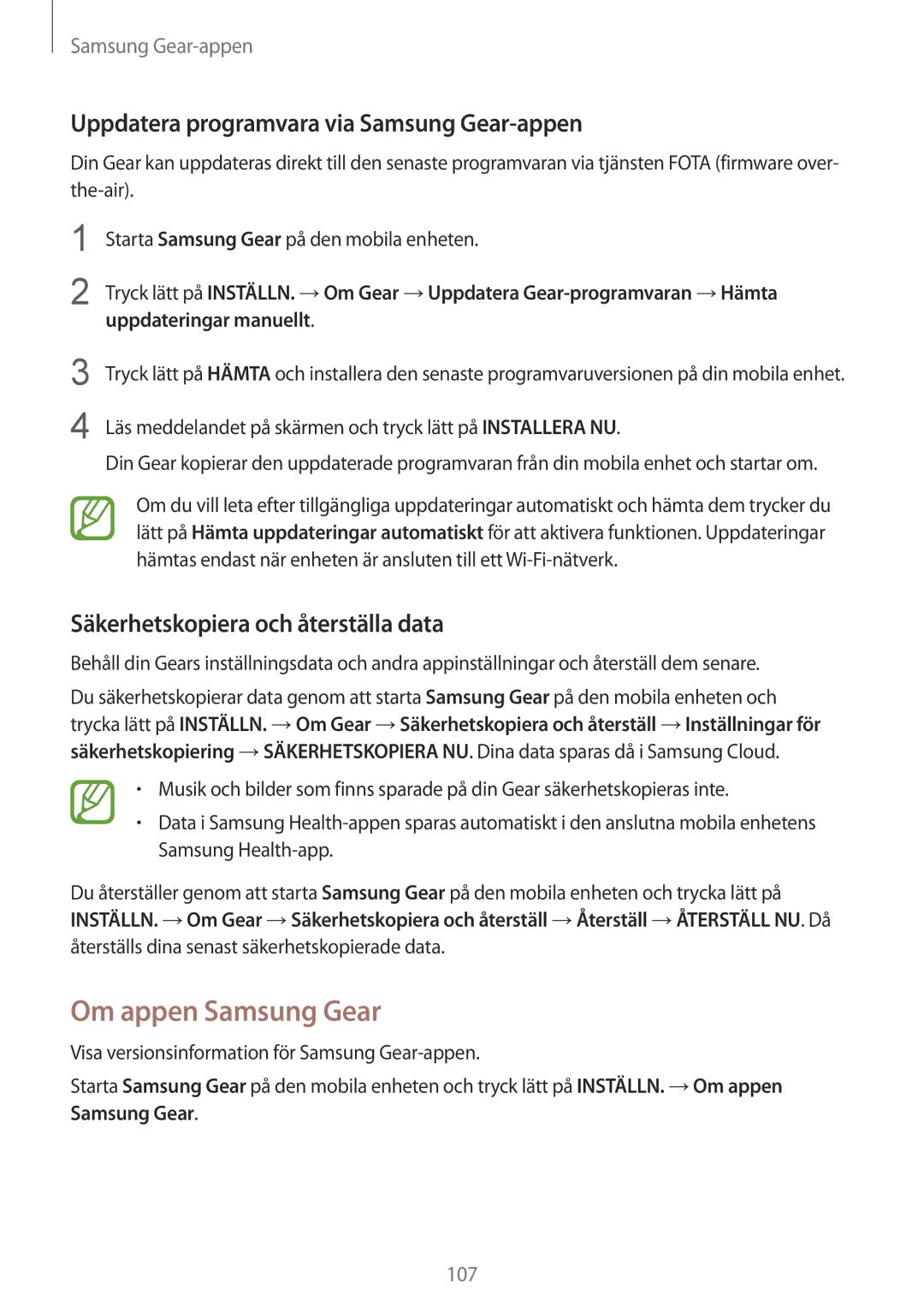 Samsung SM-R600NZBANEE, SM-R600NZKANEE manual Om appen Samsung Gear, Uppdatera programvara via Samsung Gear-appen 