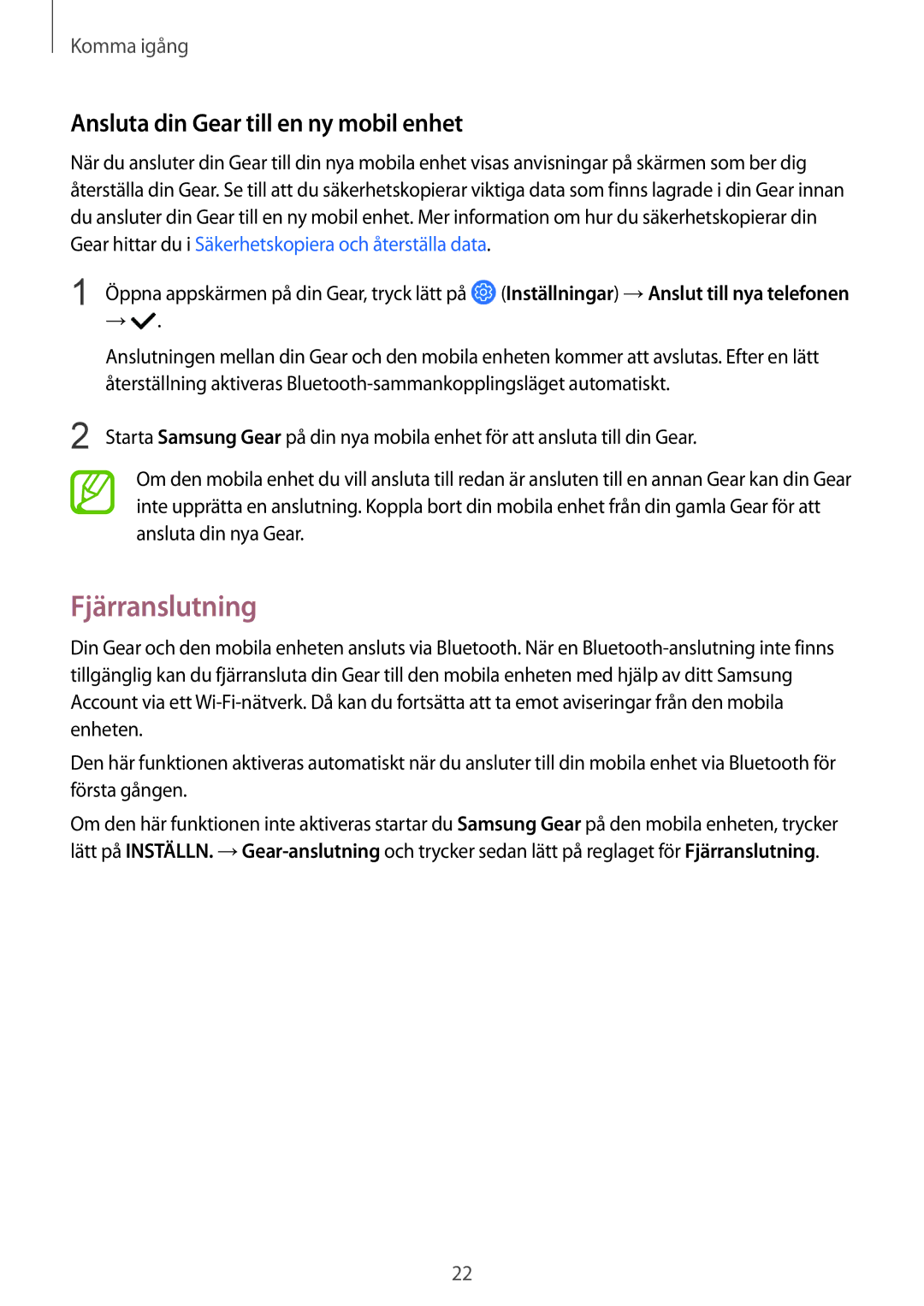 Samsung SM-R600NZKANEE, SM-R600NZBANEE manual Fjärranslutning, Ansluta din Gear till en ny mobil enhet 