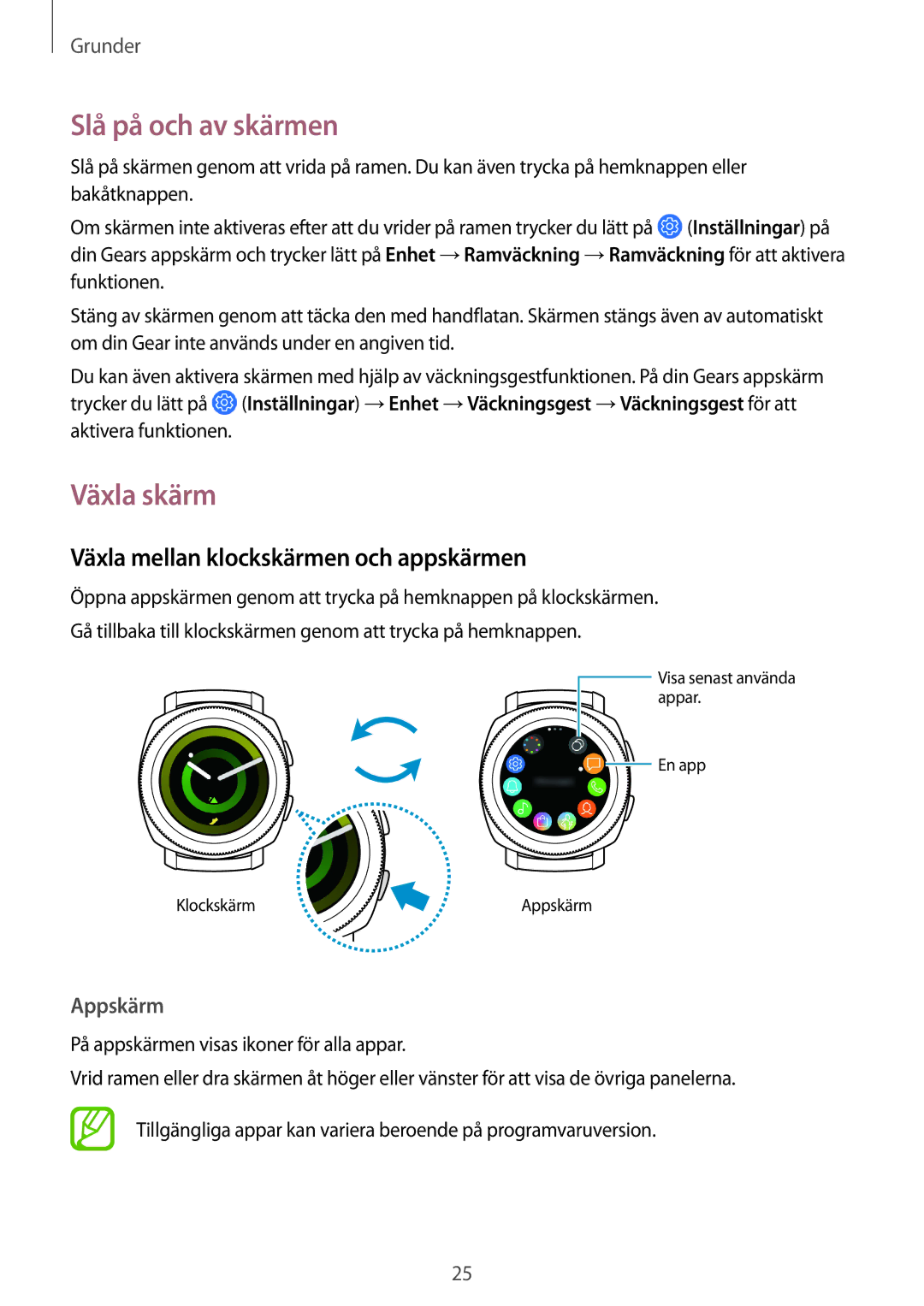 Samsung SM-R600NZBANEE, SM-R600NZKANEE manual Slå på och av skärmen, Växla skärm, Växla mellan klockskärmen och appskärmen 