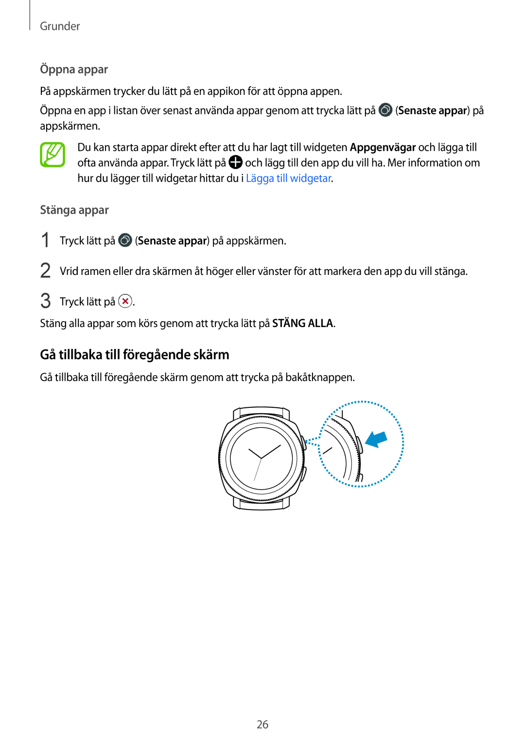 Samsung SM-R600NZKANEE, SM-R600NZBANEE manual Gå tillbaka till föregående skärm, Öppna appar 