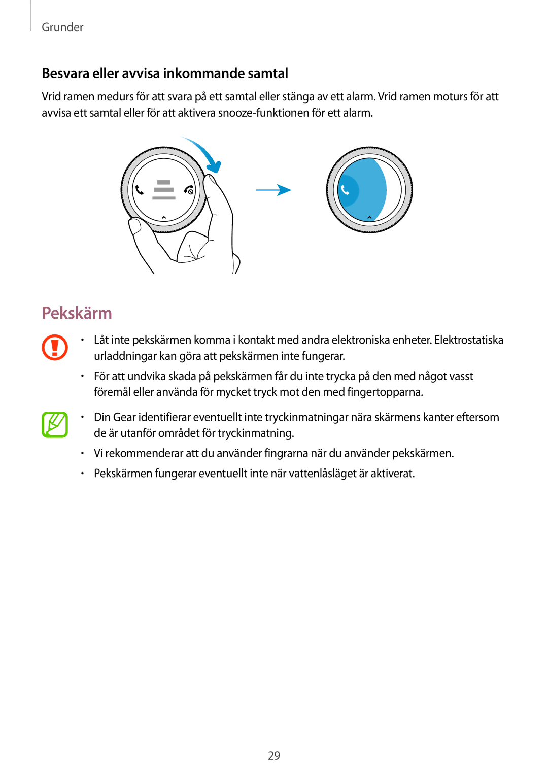 Samsung SM-R600NZBANEE, SM-R600NZKANEE manual Pekskärm, Besvara eller avvisa inkommande samtal 