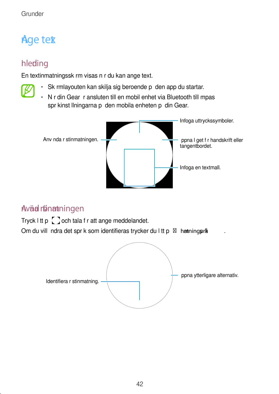 Samsung SM-R600NZKANEE, SM-R600NZBANEE manual Ange text, Inledning, Använda röstinmatningen 