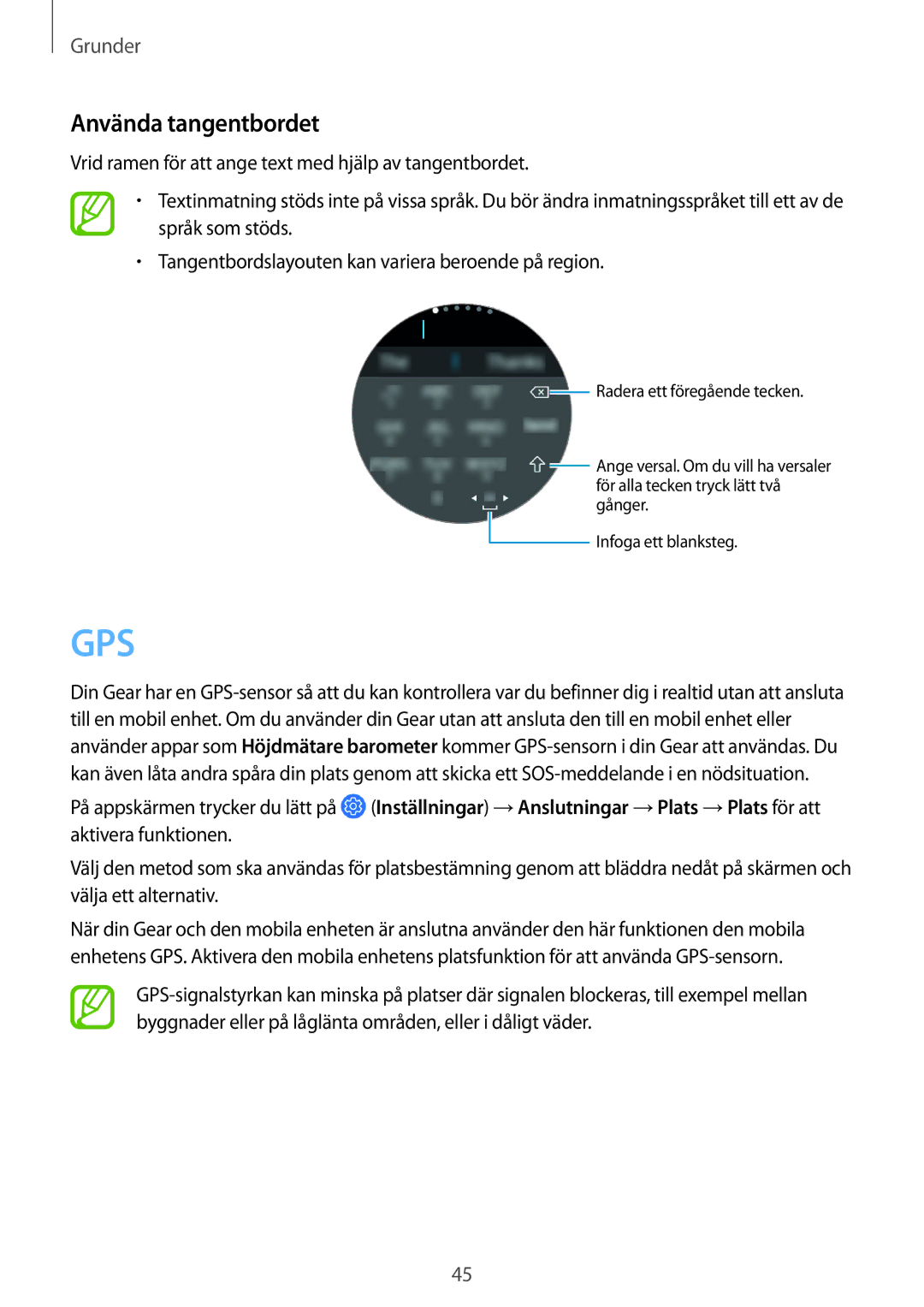 Samsung SM-R600NZBANEE, SM-R600NZKANEE manual Gps, Använda tangentbordet 